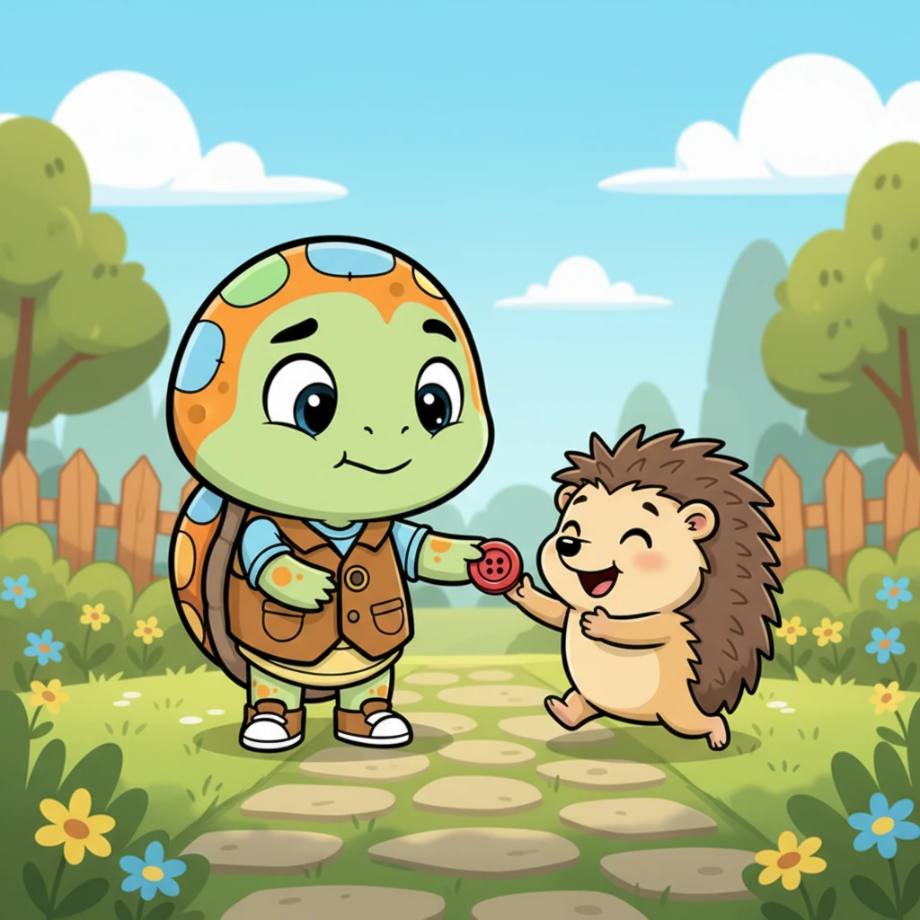 Orange let out a little sigh, but his heart still felt warm. He knew what he had to do. With a gentle gesture, he once again gave the red button away, this time to the delighted hedgehog, who quickly scurried off.