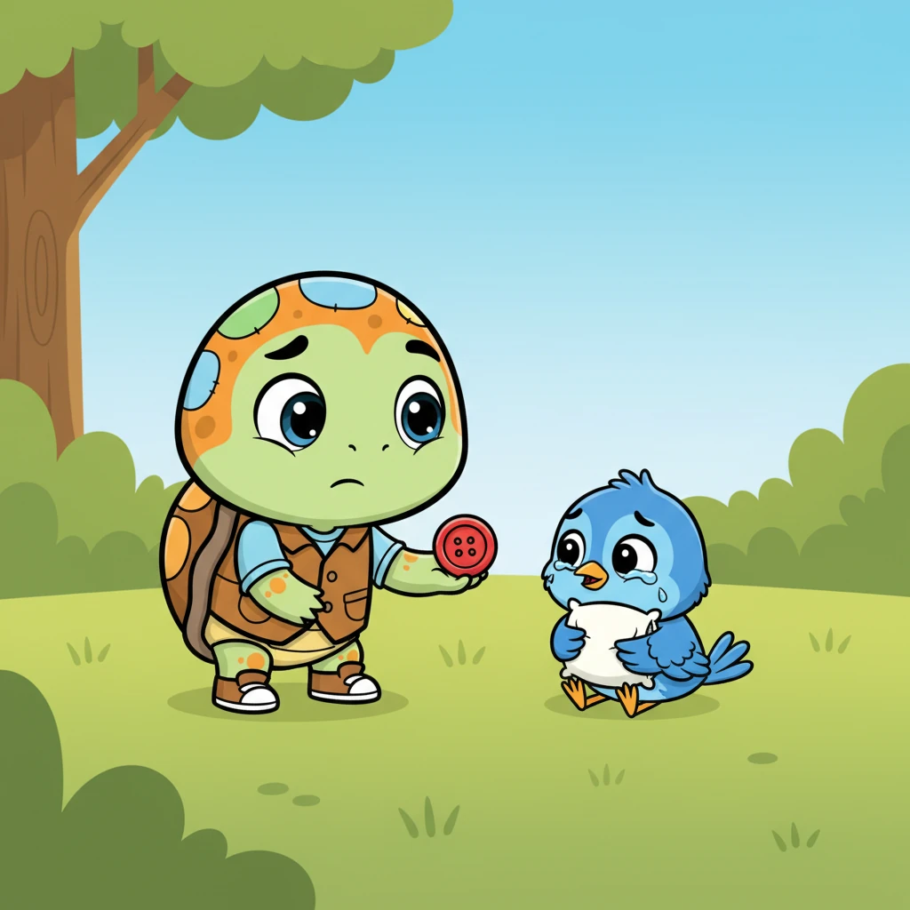 Finally, Orange came across a tiny bird, sitting all alone and crying softly. The little bird sniffled, "My pillow's button is lost... Mommy said I can't sleep well without it." Orange looked at the last red button in his hand.