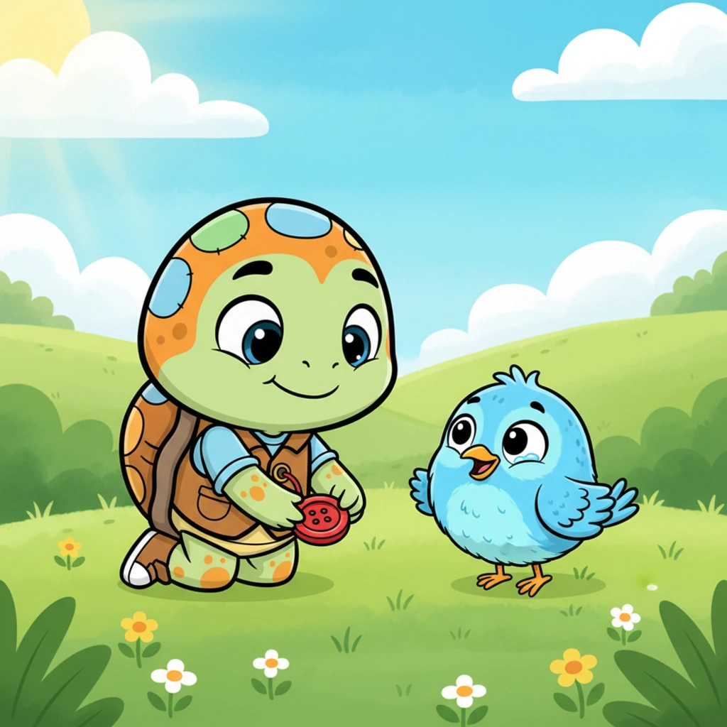 Orange looked at the little red button, then at the tearful bird. He slowly, gently placed the button in front of the bird and said, "This is yours... take it and be happy." The bird's face instantly brightened, and it chirped, "Thank you, Orange! You're the best friend in the world!"