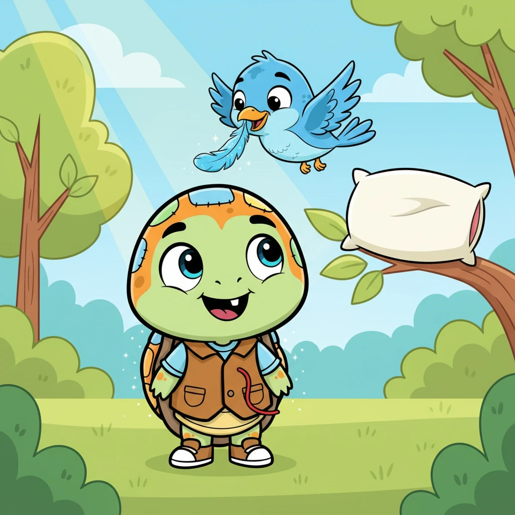 The bird, overjoyed, plucked a beautiful blue feather from its pillow and dropped it onto Orange's shell. Orange looked at the shimmering blue feather and laughed, "I don't have a button anymore... but now I have a blue feather! It's the prettiest of all!" From that day on, whenever Orange helped someone, the blue feather on his shell sparkled, reminding him that true happiness isn't for yourself, but for those you've helped.