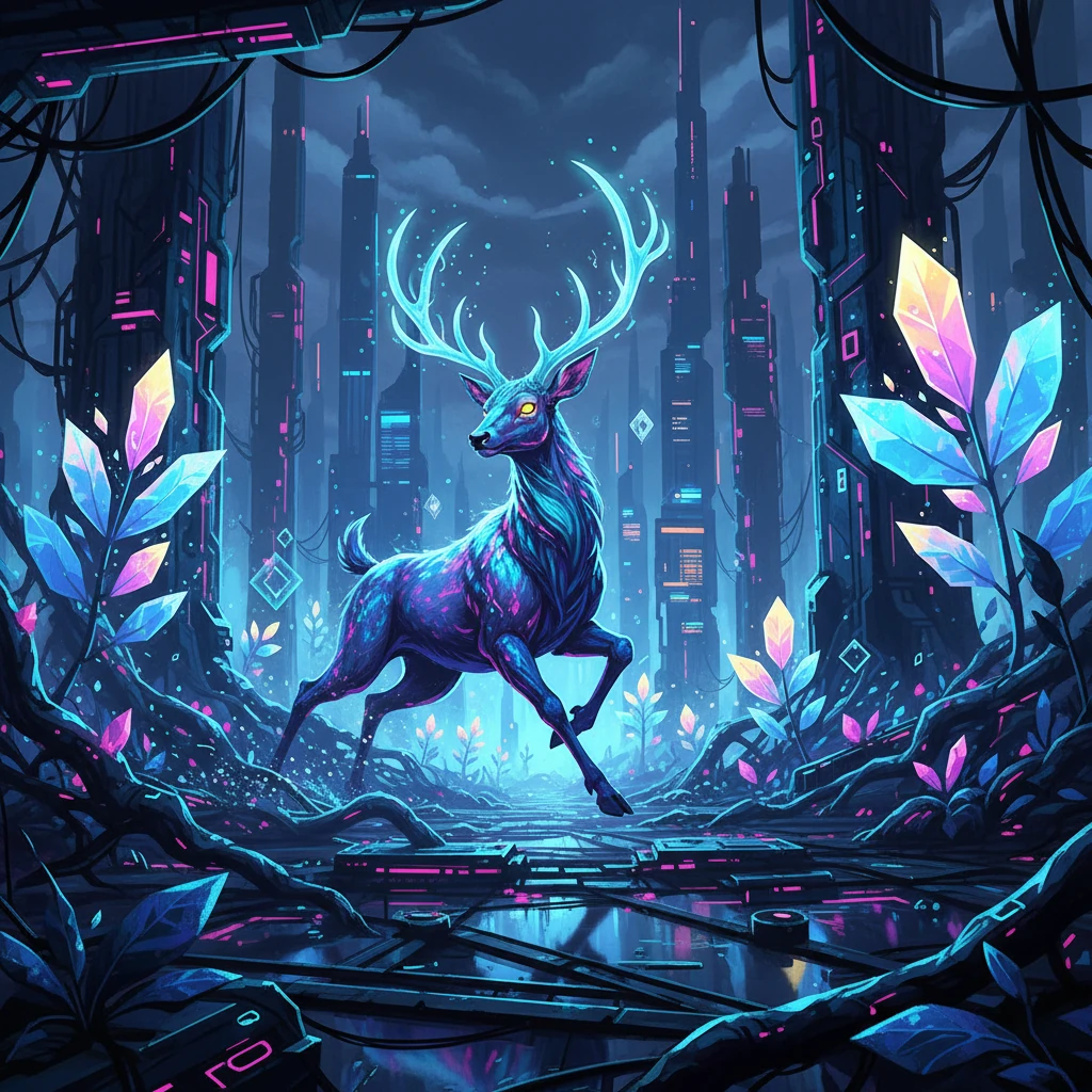 A majestic, bioluminescent deer, its fur shimmering with electric blue and purple hues, sprinted through a synthetic forest. Neon flora pulsed with soft light, casting long, angular shadows across the metallic undergrowth. Digital dew drops clung to crystalline leaves as the deer navigated the complex, high-tech terrain with incredible speed.