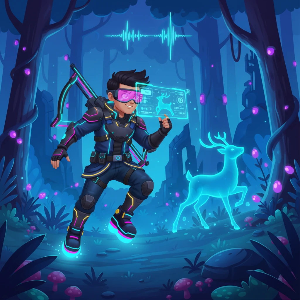 Behind it, a hunter in sleek, obsidian armor, equipped with glowing infrared goggles and a pulse-energy rifle, gave chase. His hover-boots glided silently over the glowing forest floor, a holographic target reticle projected before his eyes, locked onto the deer's retreating form. The air hummed with the low thrum of his advanced pursuit gear.