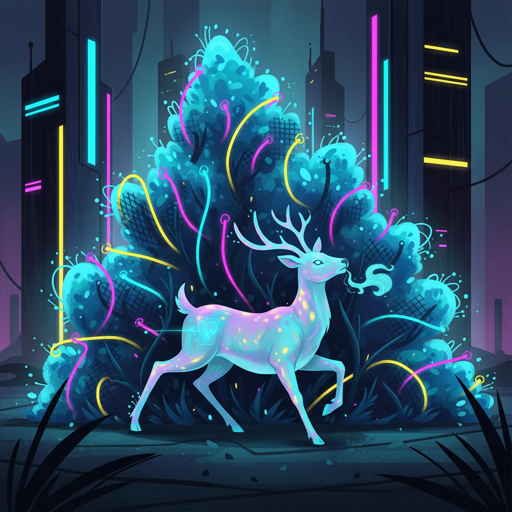 With a desperate surge, the deer veered sharply, disappearing behind a towering, multi-layered bush woven from glowing fiber-optics and metallic mesh. Its iridescent hide blended imperfectly with the shifting, neon foliage, creating a flickering camouflage. The deer's breath came in ragged, glowing gasps, its digital heart monitor glowing faintly on its flank.