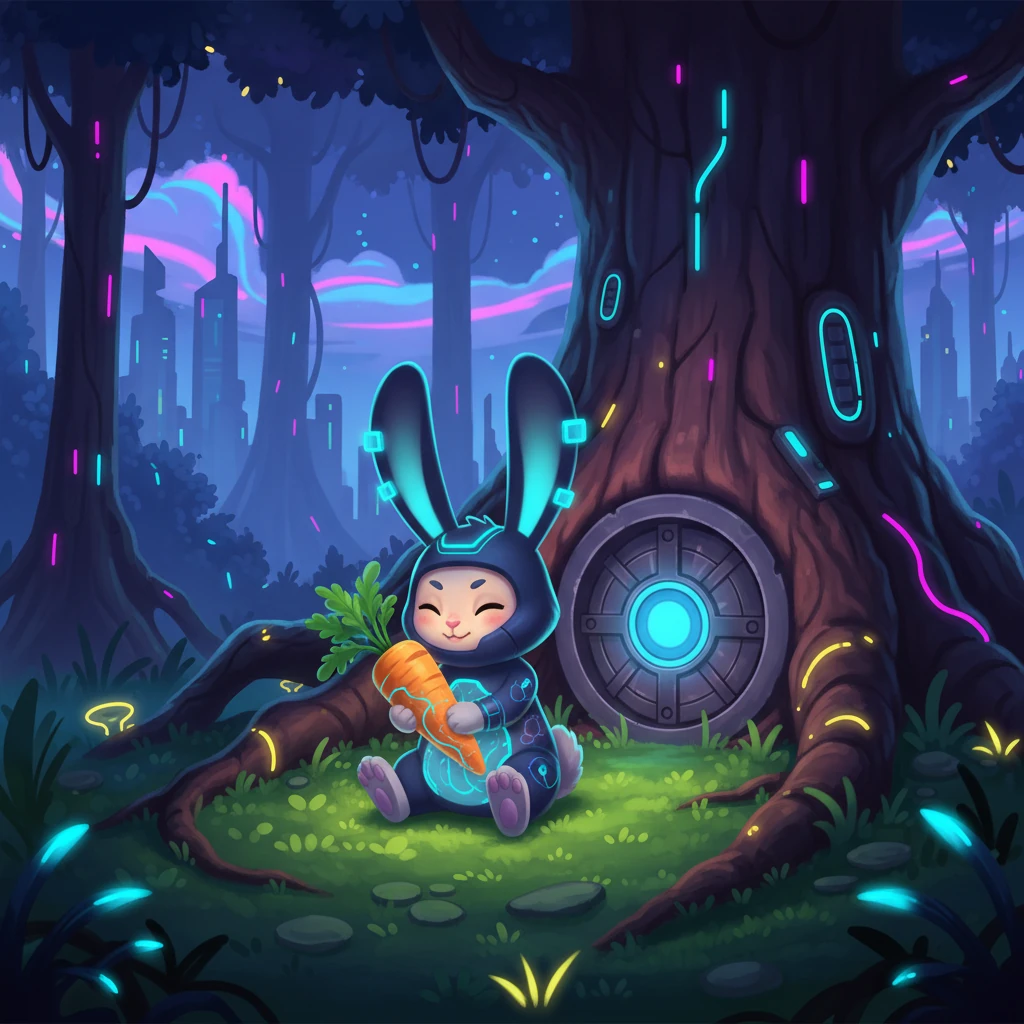 Nearby, a small rabbit named Byte-Hopper, its ears tipped with tiny glowing sensors, sat calmly on a mossy, bioluminescent patch. It munched on a synthetic carrot, its translucent skin revealing a network of glowing nutrient tubes. The rabbit's burrow entrance, a circular hatch with a soft blue light, was nestled into a root system of a giant, glowing tree.