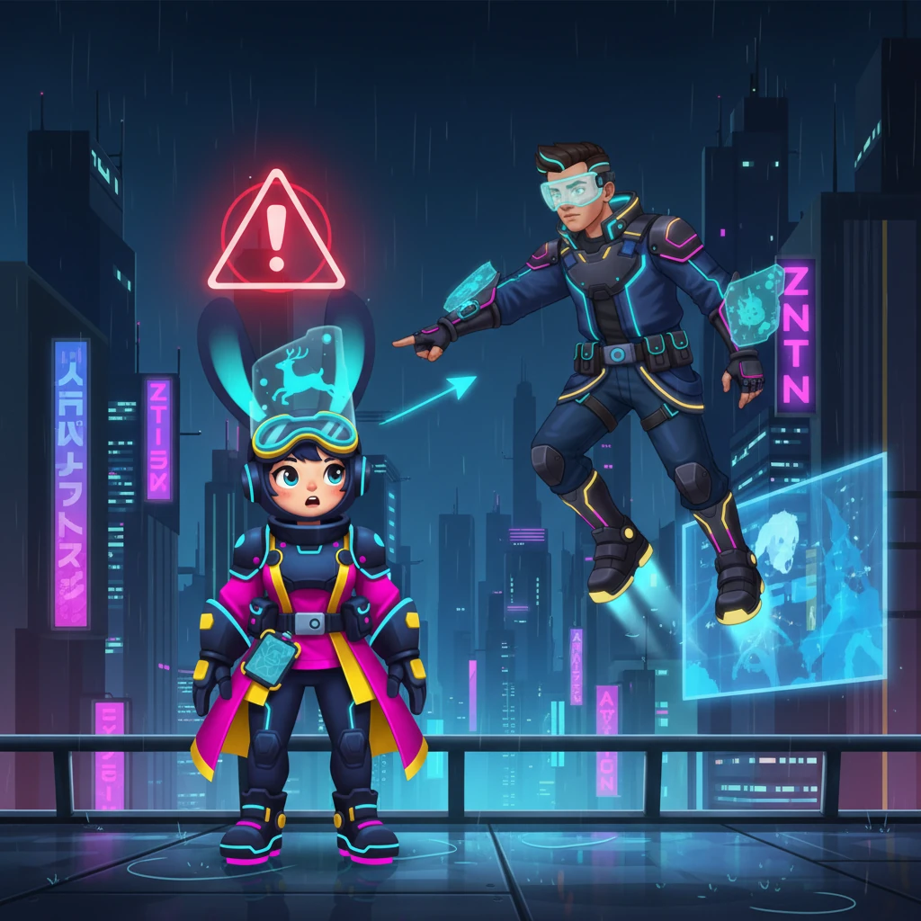 The hunter's heavy hover-boots landed with a soft thud near Byte-Hopper. His visor flickered, revealing stern, shadowed eyes. "Rabbit!" his augmented voice boomed, a holographic warning icon flashing above Byte-Hopper. "A deer ran this way. Where did it go? Tell me the truth!"