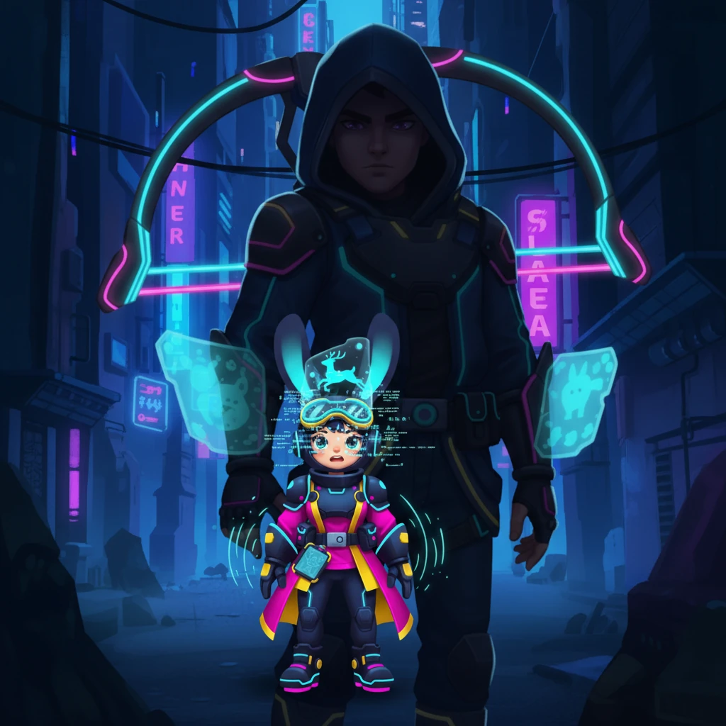Byte-Hopper's small, robotic nose twitched, and its entire frame trembled, sending faint ripples through its glowing fur. Its internal processing unit whirred, displaying rapid, fragmented data streams across its tiny ocular sensors. The weight of the hunter's glare felt immense.