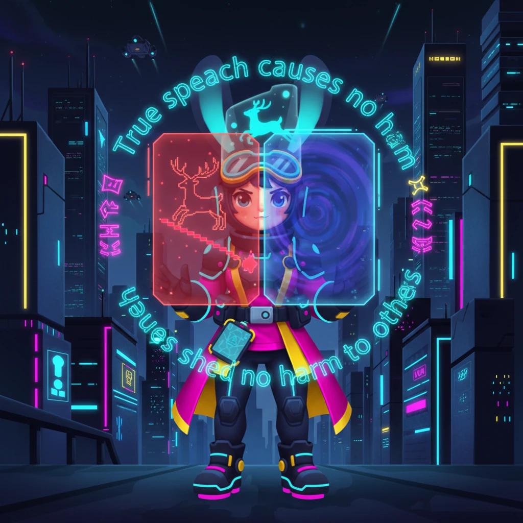 A split-second internal projection showed two paths: one, pointing directly to the deer's hiding spot, bathed in a harsh red glow of harm; the other, a blank void of uncertainty. The ancient wisdom of its ancestors, visualized as glowing glyphs, reminded Byte-Hopper: 'True speech causes no harm to others.'