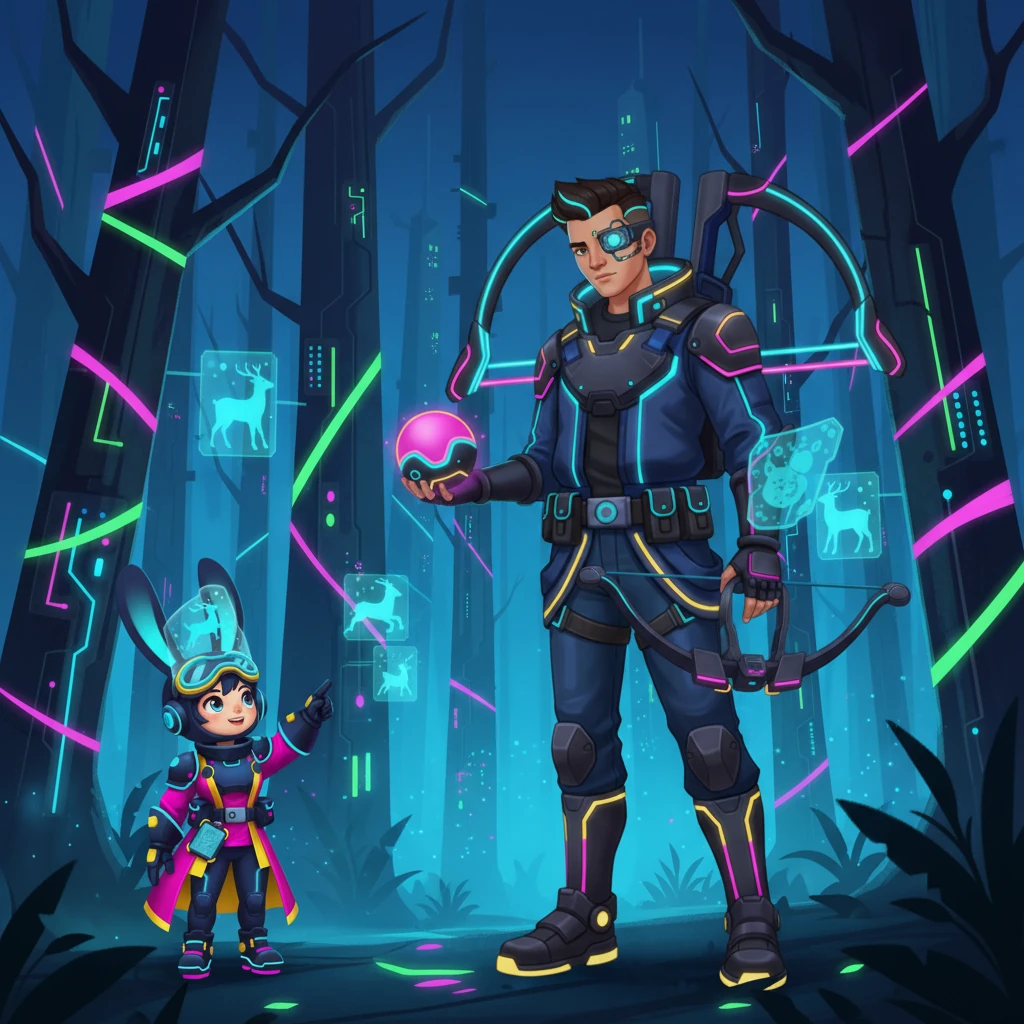 Gathering its courage, Byte-Hopper looked up at the towering hunter. "Hunter!" it chirped, its voice surprisingly steady. "The deer did run this way, but with all the light refractions and digital illusions in this sector, I couldn't clearly notice whether it went to that side of the forest or this side."
