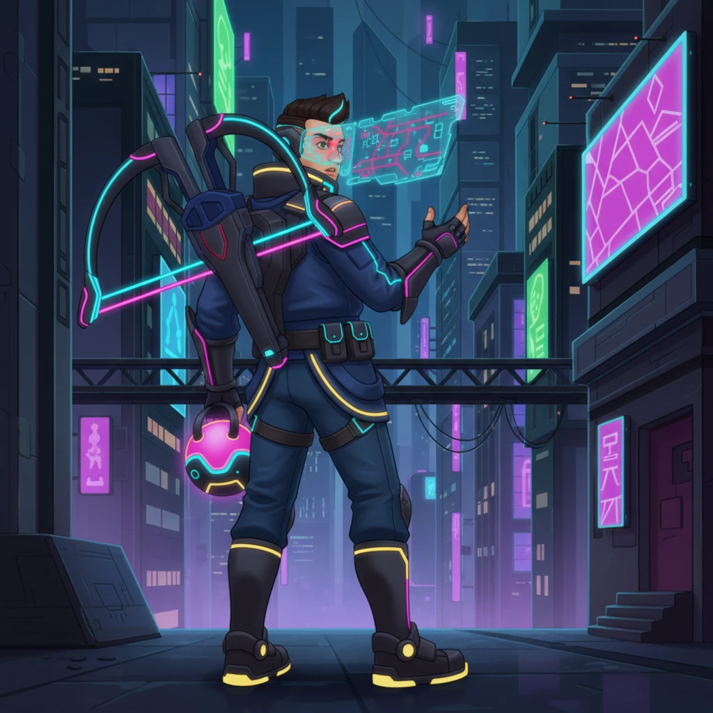 The hunter's visor flickered with confusion, his internal navigation system displaying conflicting data based on Byte-Hopper's ambiguous statement. He hesitated, then, muttering about 'glitching environmental sensors,' he re-calibrated his path, turning and striding in a completely different direction, deeper into the neon maze.