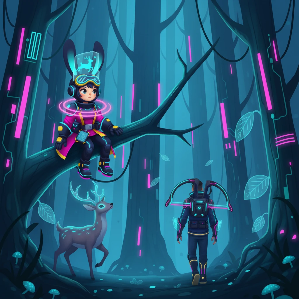 From its safe perch, Byte-Hopper watched the hunter's glowing form recede into the distance. A soft, satisfied hum emanated from its core. The hidden deer, sensing the danger had passed, cautiously emerged, its luminous eyes meeting Byte-Hopper's in a silent exchange of gratitude. The cyberpunk forest settled back into its pulsing, tranquil glow.