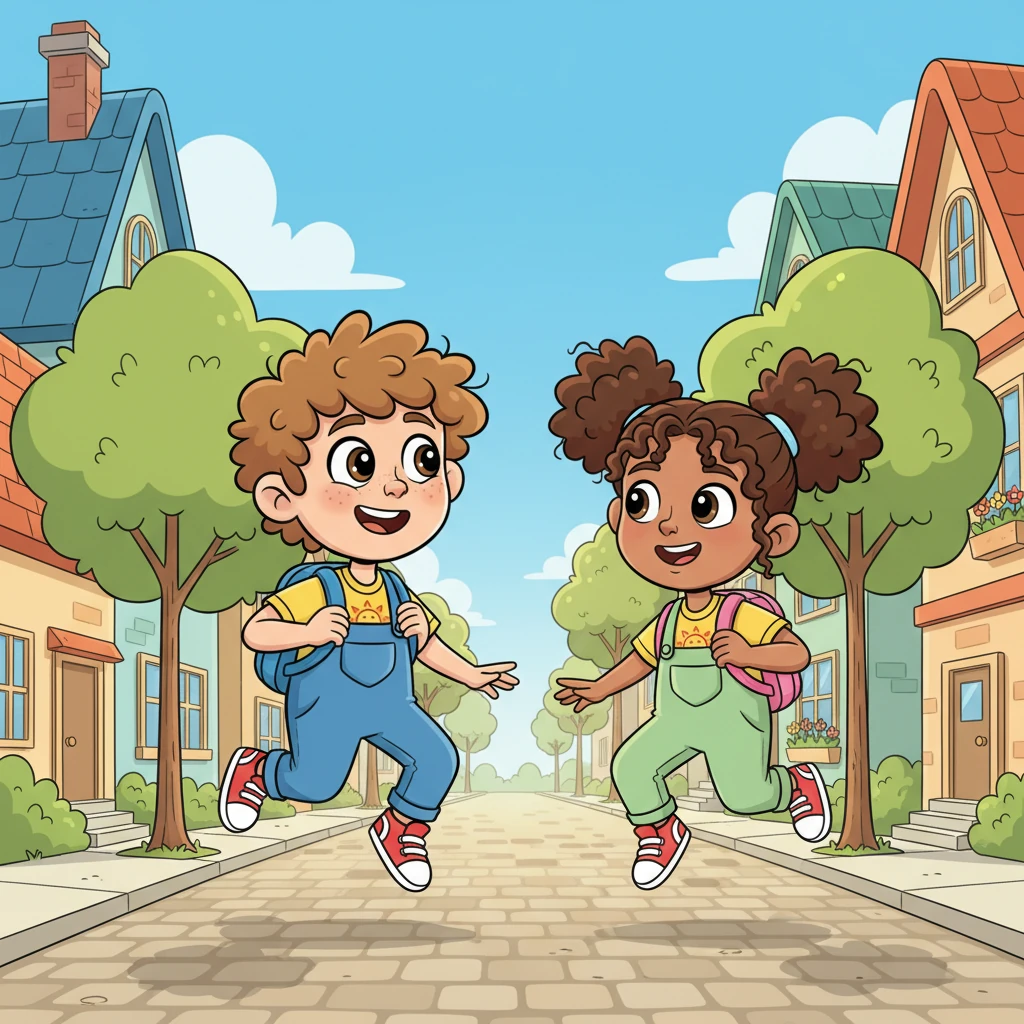 Brent and Jael skipped along the sunny street, their backpacks bouncing. The morning sun painted everything in bright, clear colors, making the trees and houses pop. "Everything looks so clear today," Brent exclaimed, amazed by the vibrant world around them. Jael added, "Our teacher says the sun is like a giant light bulb for the day!"
