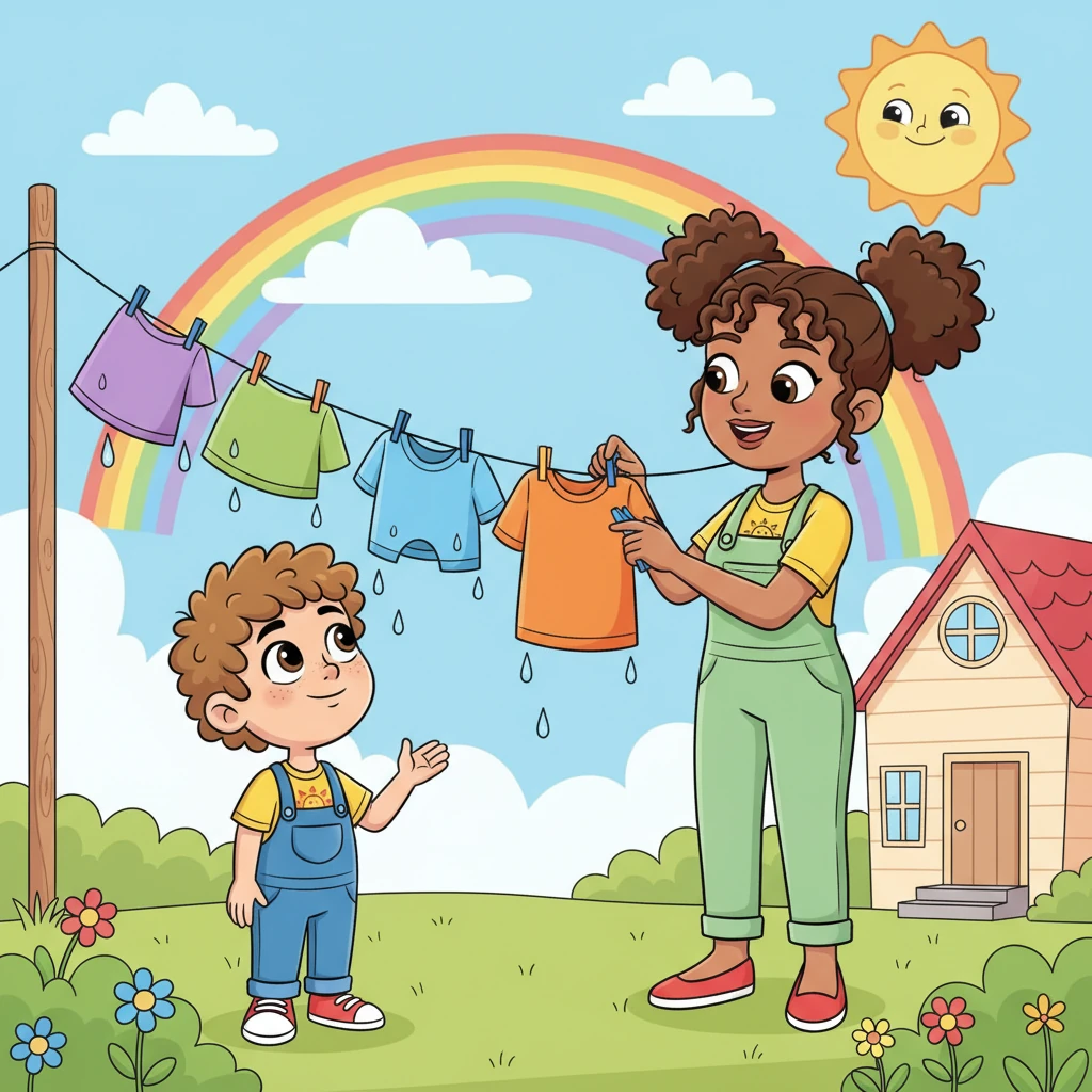 After school, Brent found his mother hanging a rainbow of wet clothes on a line outside their house. "Mom, why do we hang clothes outside?" he asked, tilting his head. She smiled, explaining that the sun's warm rays help dry them quickly and save electricity.