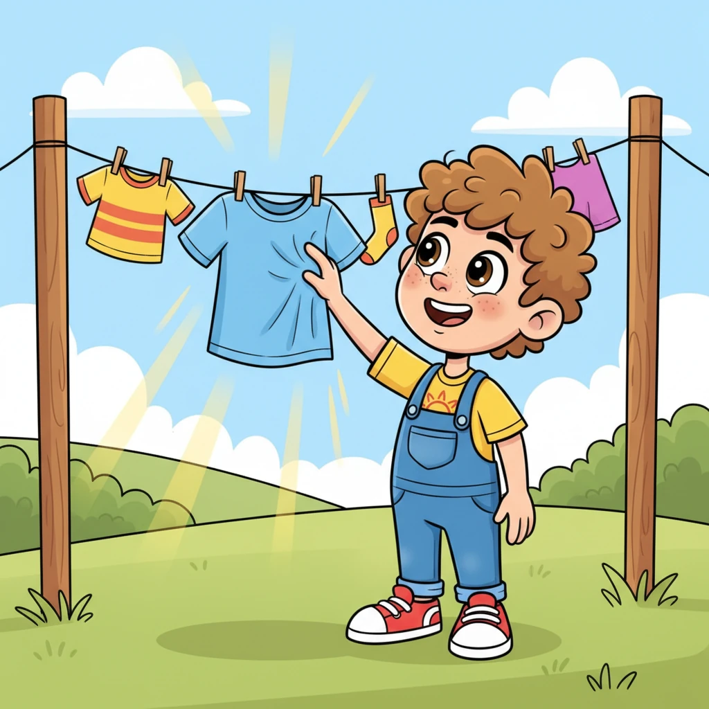 Later, Brent returned to find the clothes completely dry, fluttering gently in the breeze. He touched a soft shirt, feeling how the sun had magically taken away all the wetness. He realized the sun was not just for light, but also a powerful dryer!