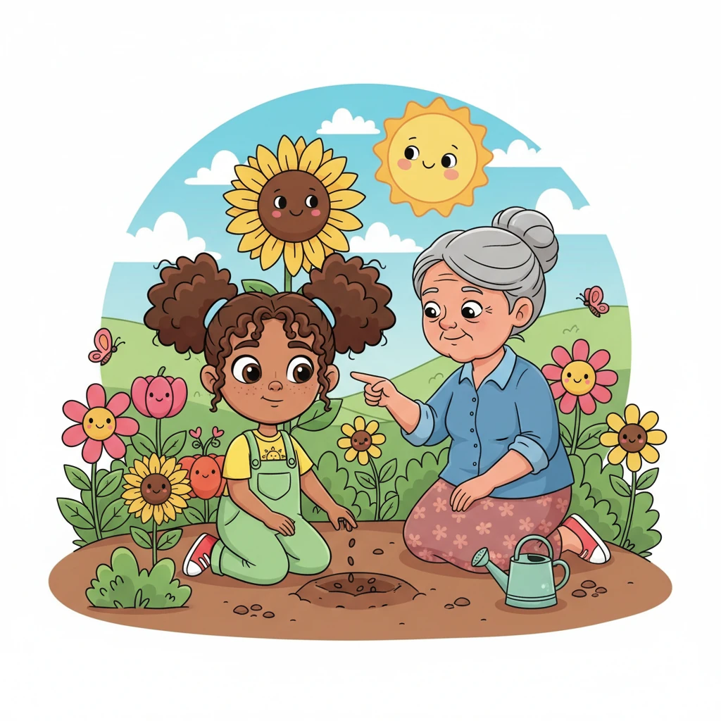 Meanwhile, Jael knelt beside her grandmother in their colorful garden, carefully placing tiny seeds into the soil. "Grandma, when will these seeds grow?" Jael asked, her eyes wide with curiosity. Her grandmother explained that plants need sunlight to make their food and grow tall and strong, feeding both people and animals.