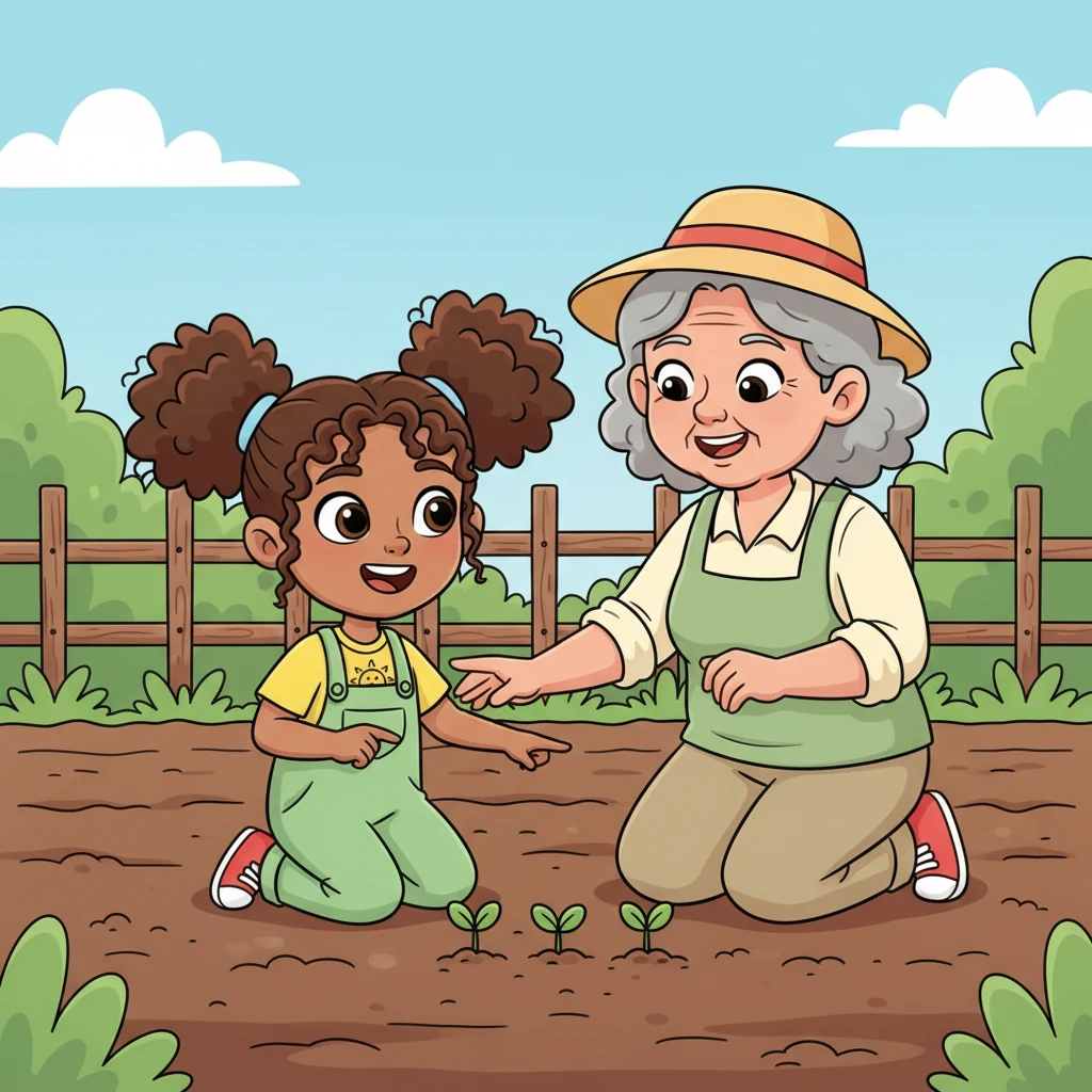 A few days later, Jael gasped with delight as she spotted tiny green shoots poking through the dark earth. "Grandma, look! Five little plants are growing!" she cheered, pointing excitedly. Her grandmother beamed, confirming that the sun had done its wonderful work.