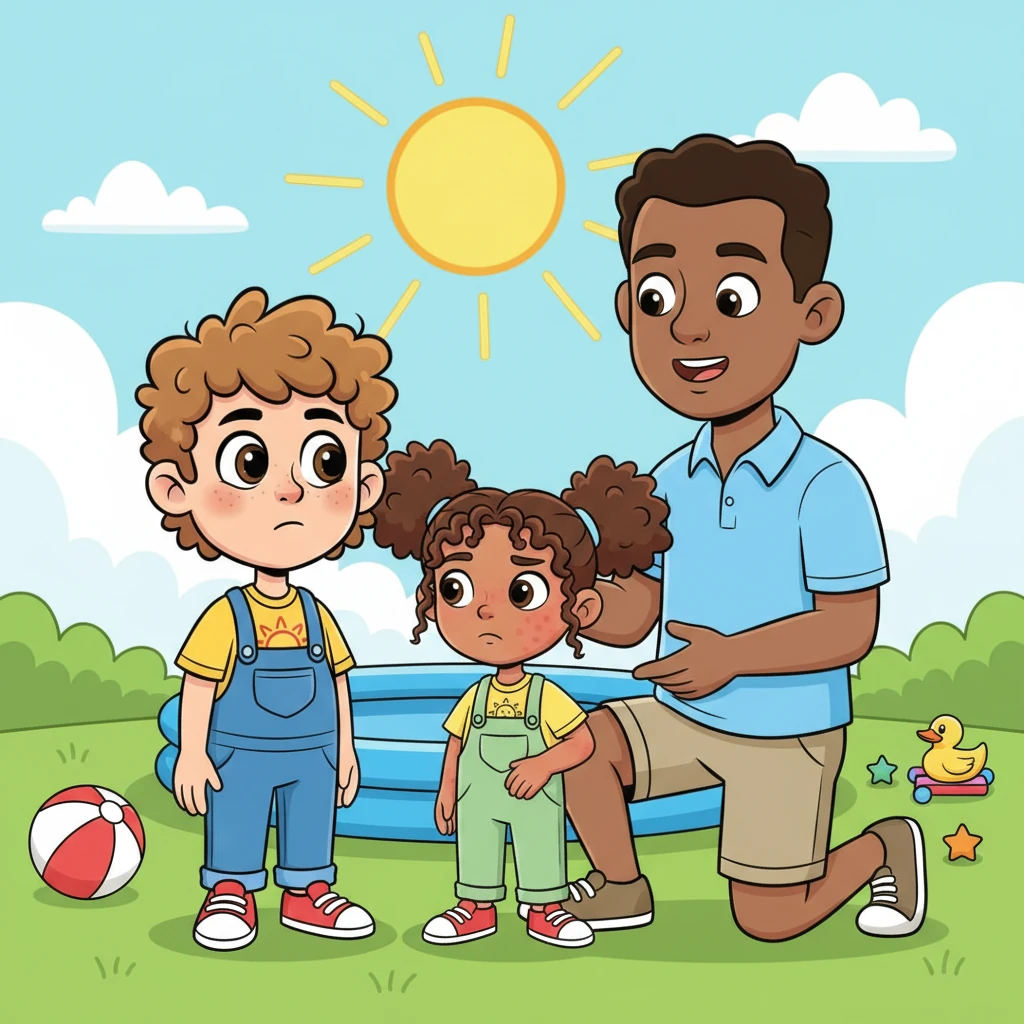 One sunny Saturday, Brent and Jael played for hours under the bright, hot sun, splashing in a pool and running around. Afterward, Jael's skin felt hot and tingly, a painful red. Their father gently explained that the sun's UV rays can cause sunburn and harm skin if they don't protect themselves.