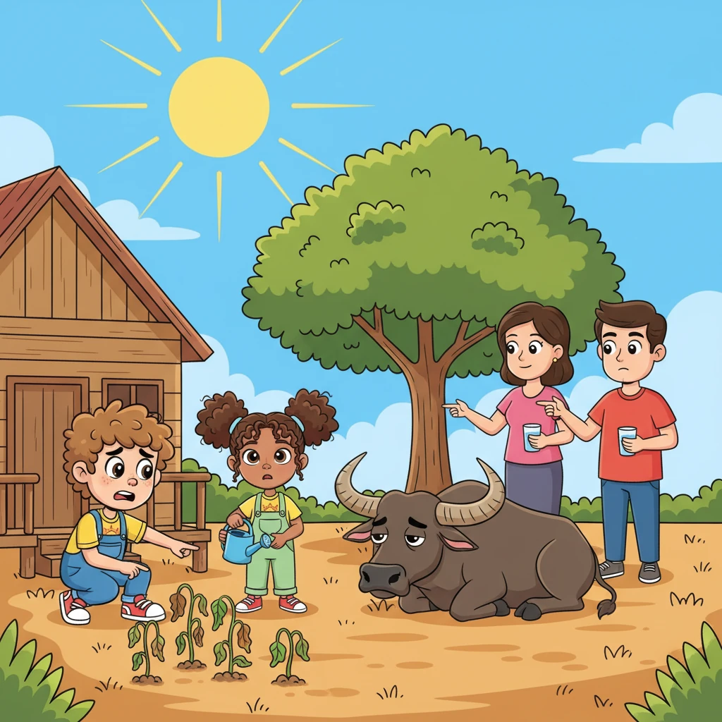 Brent noticed some small plants near their house looked withered and dry, while a big carabao in the field sought refuge under a tree, looking tired. Their parents stressed that too much heat harms plants and animals too, reminding everyone to drink water and find shade on very hot days.