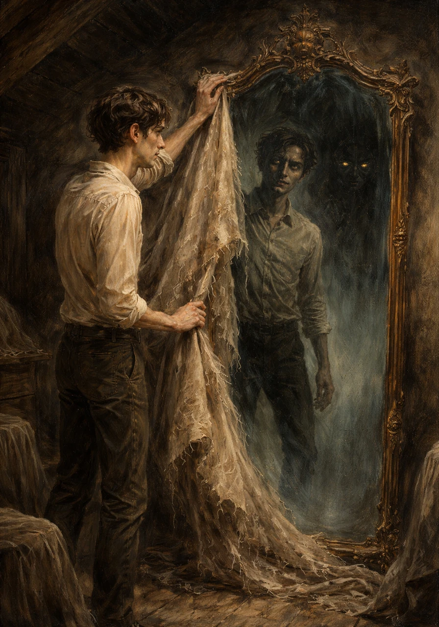Elias discovers a heavy, ornate mirror hidden beneath a moth-eaten shroud in the deepest corner of the attic. The air around the glass feels unnaturally cold, smelling of ancient dust and stagnant water.