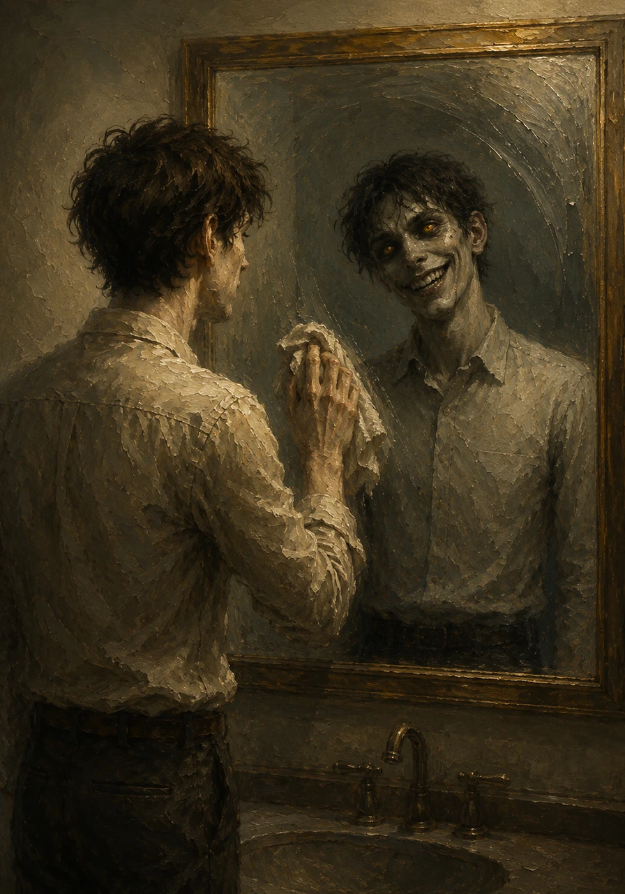 As he wipes the grime from the glass, Elias freezes when his reflection remains perfectly still. While he stares in confusion, the mirror-version of himself slowly tilts its head and offers a wide, toothy grin.