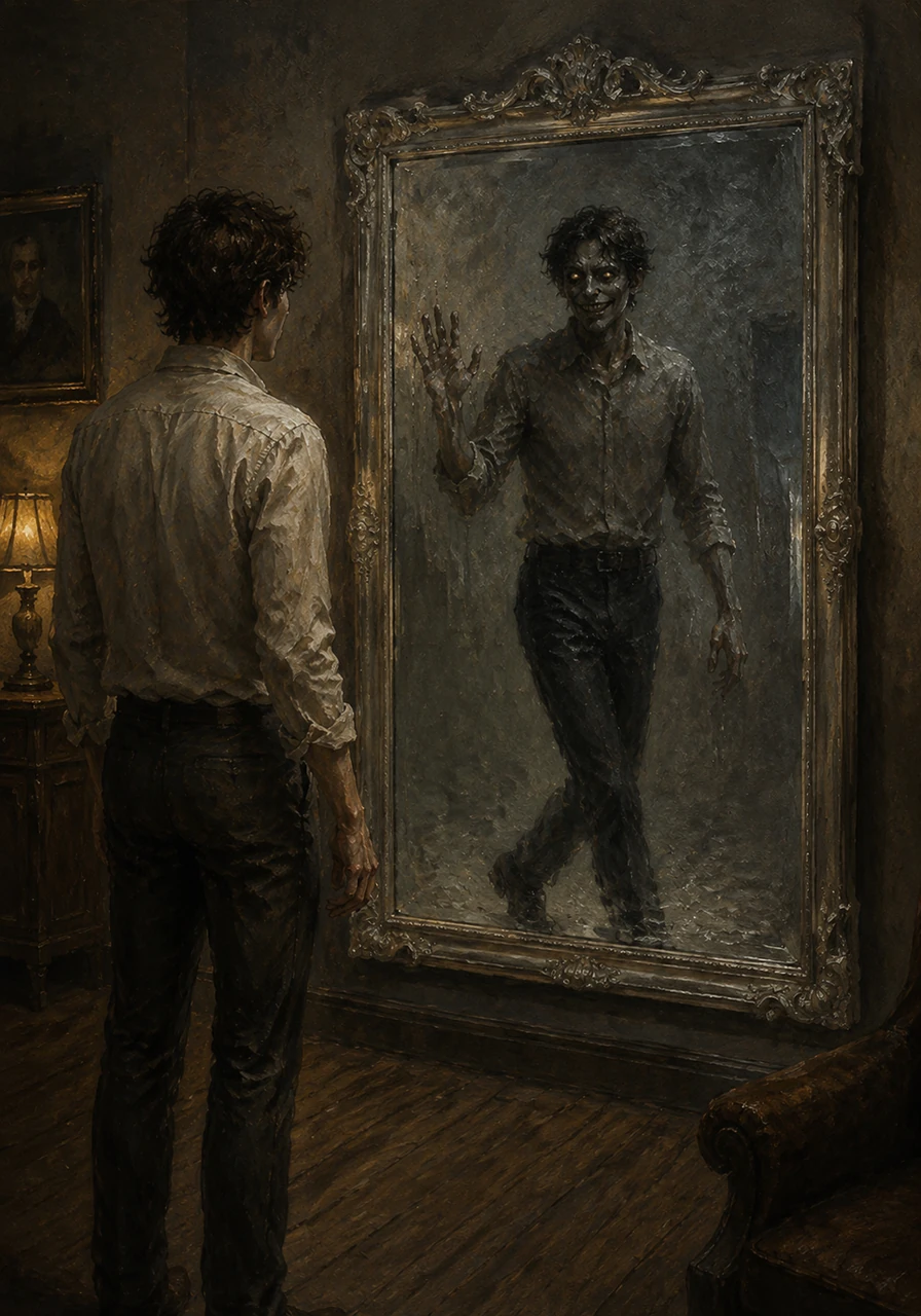 That evening, the reflection begins to move on its own, pacing back and forth within the silver frame. It taps rhythmically on the glass from the inside, the sound echoing through the silent, empty house.