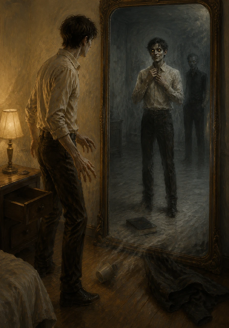 Elias notices his favorite book is missing from his nightstand, only to see it lying on the floor inside the mirror's room. Every time he blinks, more of his belongings seem to cross the threshold into the reflected world.