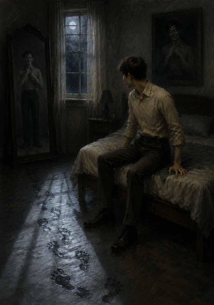 Moonlight spills across the floor, revealing a trail of damp, grey footprints leading from the mirror to the foot of Elias's bed. He is alone in the room, yet he feels the weight of someone sitting on the mattress beside him.