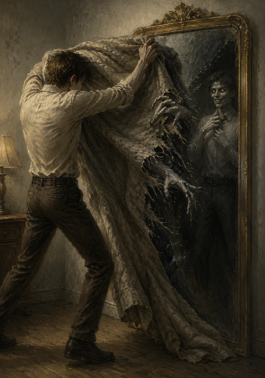 Desperate to escape the gaze, Elias tries to drape a heavy quilt over the mirror, but the fabric is instantly shredded. Long, pale fingers emerge from the glass for a split second, clawing at the air before retreating into the shadows.