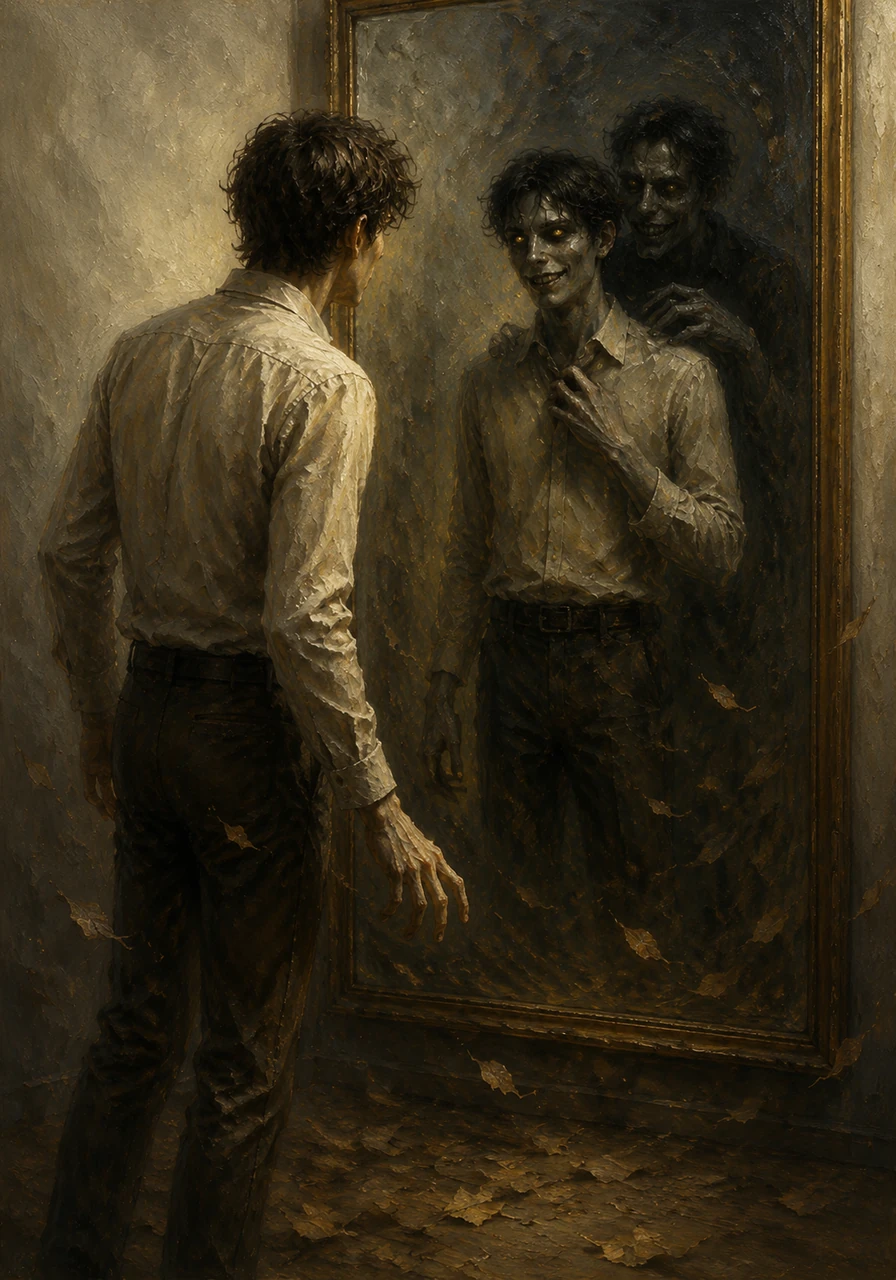 A raspy, distorted whisper begins to fill the room, sounding like dry leaves skittering across stone. The reflection calls his name, promising that the swap will be painless if he just stops fighting the inevitable.