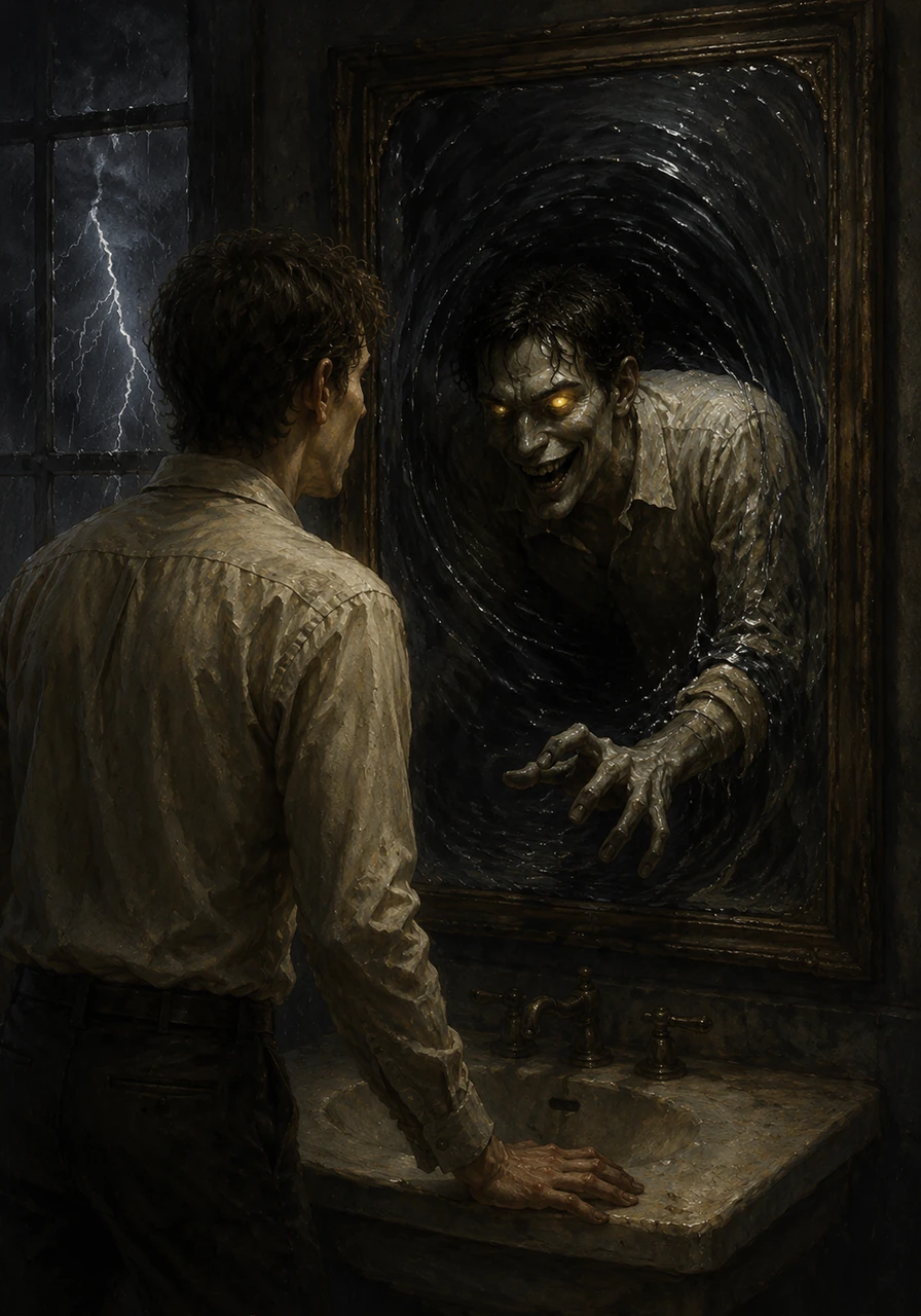 During a violent thunderstorm, the mirror's surface ripples like a dark pond disturbed by a stone. The entity inside pushes its head and shoulders out of the glass, its eyes glowing with a predatory, hollow light.