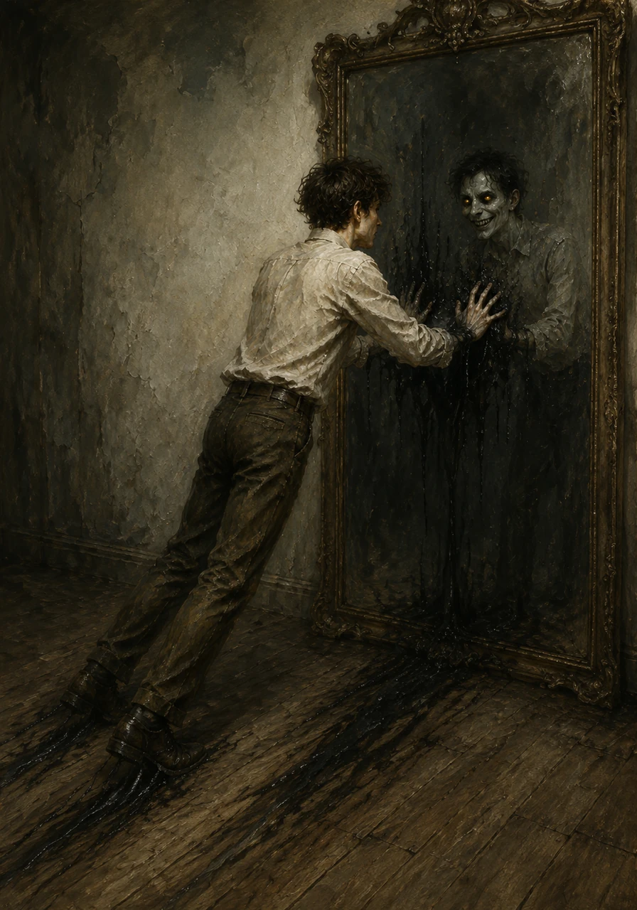 An invisible force drags Elias toward the mirror, his feet sliding helplessly across the wooden floorboards. As his hands touch the glass, they sink into the cold, viscous surface as if it were nothing more than black ink.