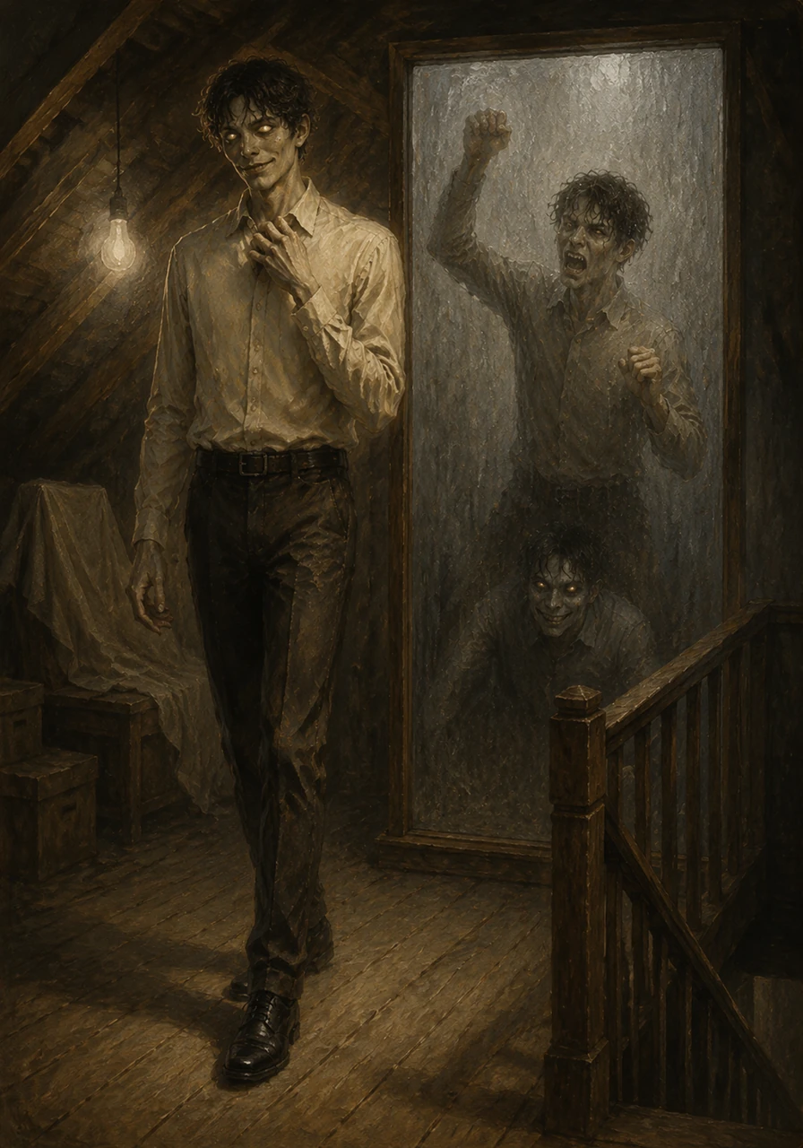 The attic falls silent once more as the Elias in the room adjusts his collar and walks toward the stairs with a cold smile. Behind the glass, the true Elias beats his fists against the surface, his screams muffled by the silver veil.