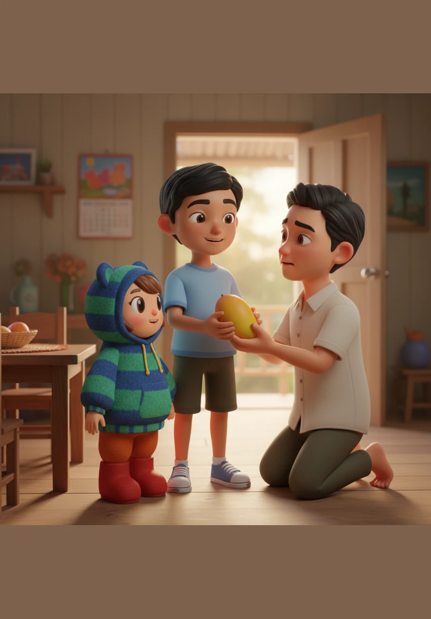 Isang hapon, umuwi ang kanilang ama mula sa trabaho na may dalang isang pirasong hinog na mangga lamang para sa kanilang tatlo. Humingi ng paumanhin ang ama dahil ito lang ang kanyang nakayanan, ngunit agad na ngumiti si Allan at sinabing paghahatian na lang nila ito.