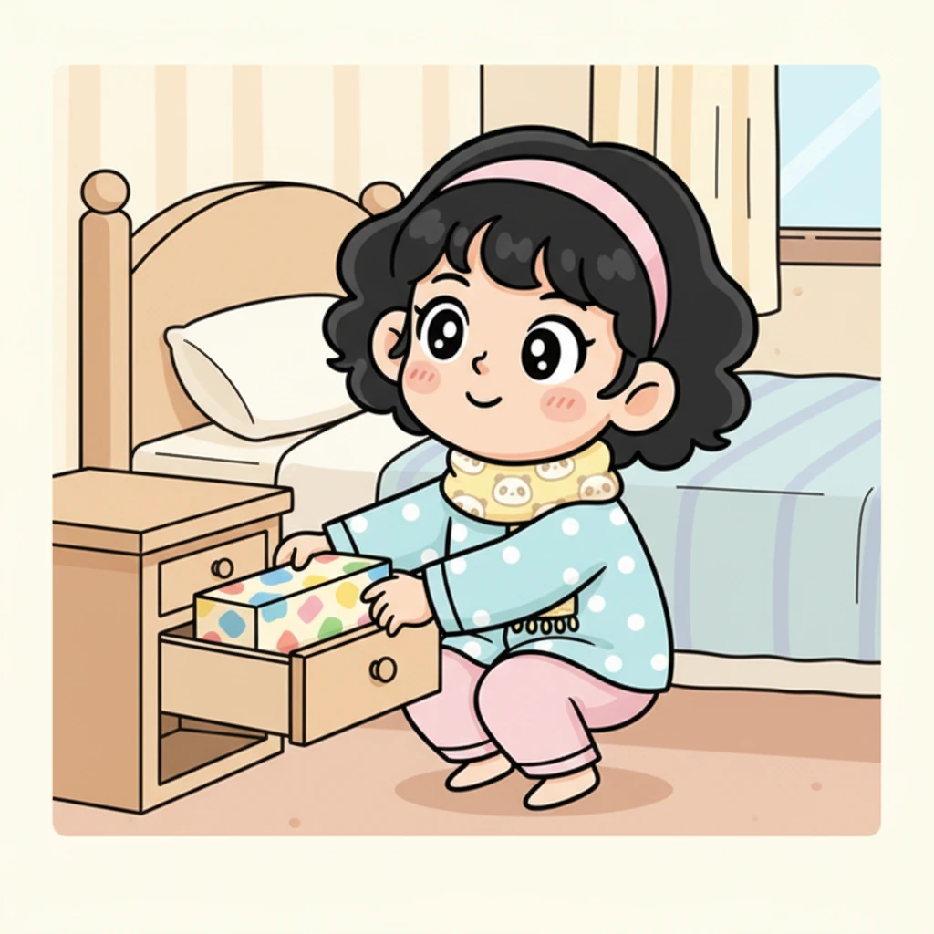 突然,小惠的眼睛骨碌一转,她想到了一个绝妙的主意。她悄悄地从床头柜里拿出了一个彩色的盒子,脸上挂着一丝神秘的微笑。