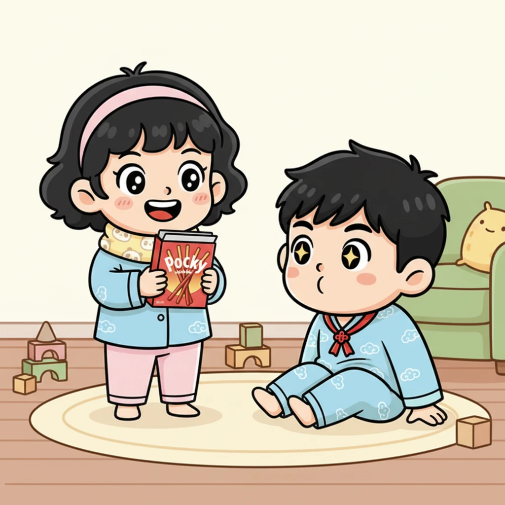 “看我发现了什么!”小惠举起那盒香甜的百奇饼干,兴奋地对李明说。李明看到百奇眼睛都亮了,立刻坐了起来,好奇地看着她。