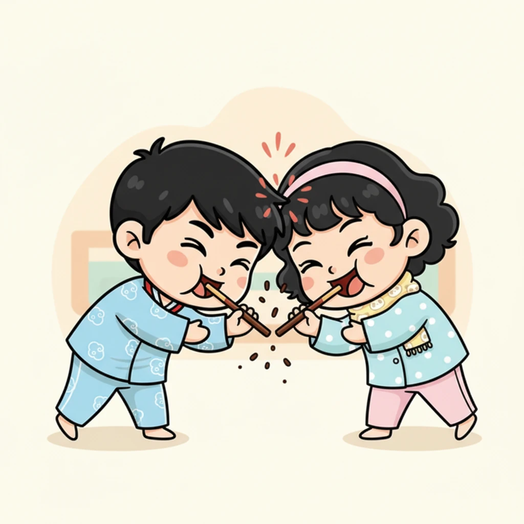 他们小心翼翼地拿起一根百奇饼干。李明咬住一头,小惠咬住另一头,两人都憋着笑,眼睛瞪得大大的。第一次尝试,他们不小心撞到了一起,巧克力碎屑洒了一点点,引得他们哈哈大笑。