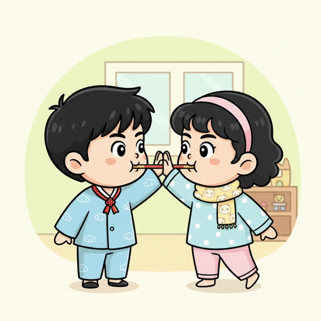 终于,他们的嘴唇几乎要碰到一起了!在最后一刻,他们同时轻轻一咬,成功地把饼干吃到了最短。两人相视一笑,击掌庆祝这个小小的胜利。