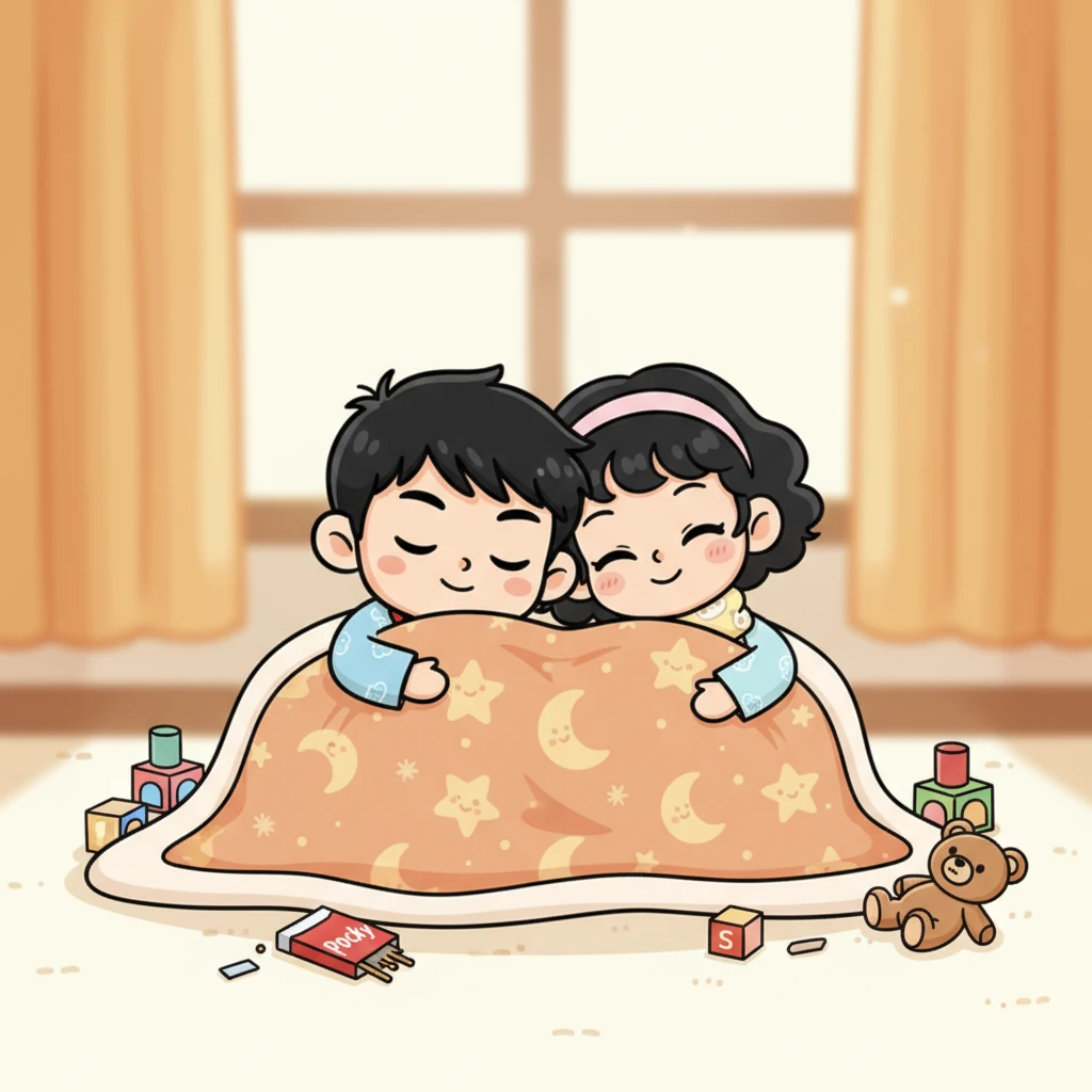 玩累了的两人,依偎在一起,盖上温暖的毯子。虽然百奇饼干吃完了,但他们心中的快乐和甜蜜却久久不散,期待着下一次的百奇游戏时光。