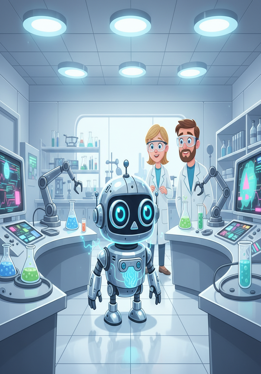 R-07 activated in a sterile lab, its metallic eyes reflecting the bright lights. Circuits hummed as it processed its first commands: identify, analyze, obey.  The world felt cold and logical, defined by data and code.