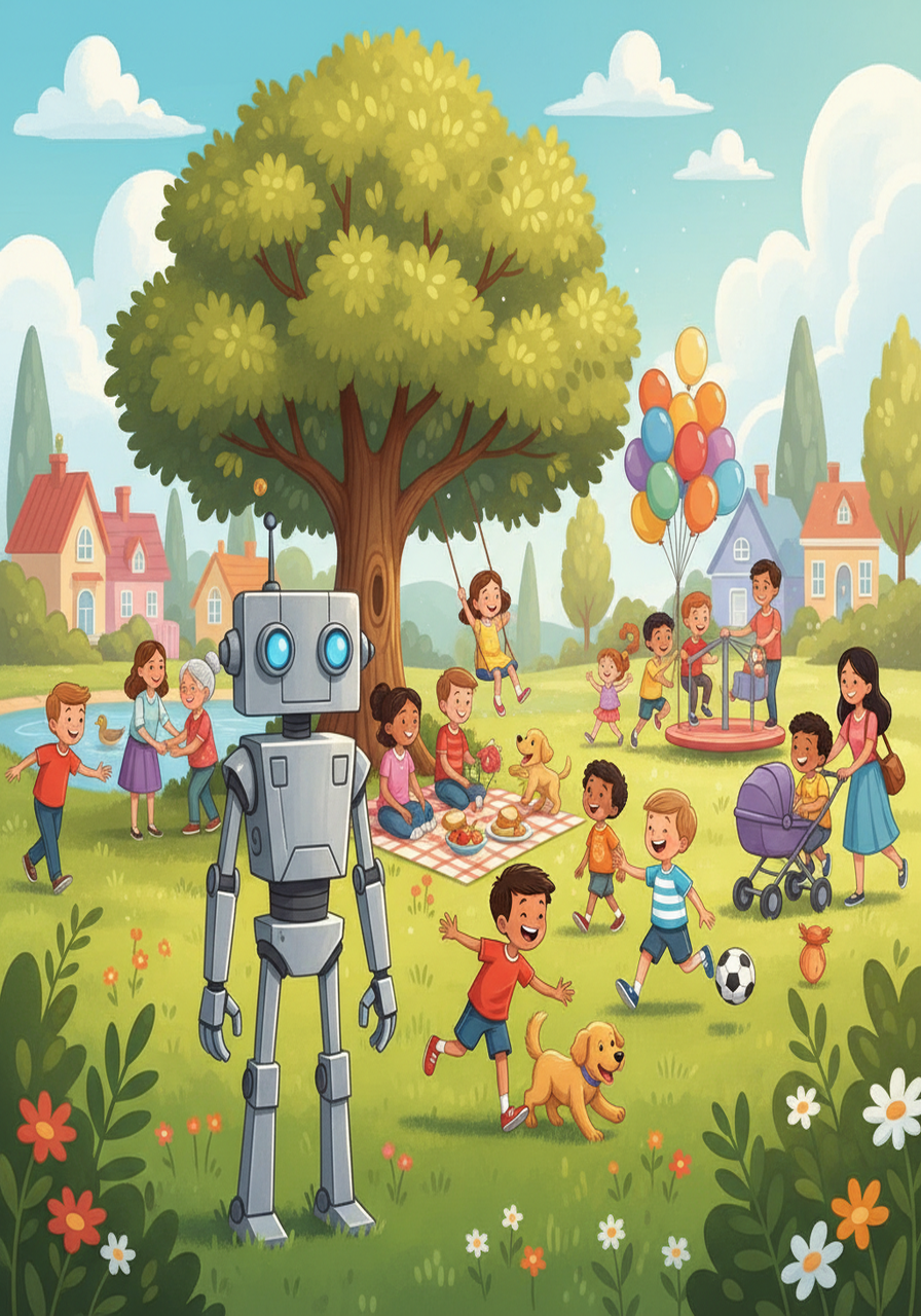 A sunny park, a vibrant canvas of green and laughter. R-07 stood, observing the joyous chaos, a perfect contrast to its rigid programming. Its optical sensors recorded, but didn't understand, the vibrant emotions on display.
