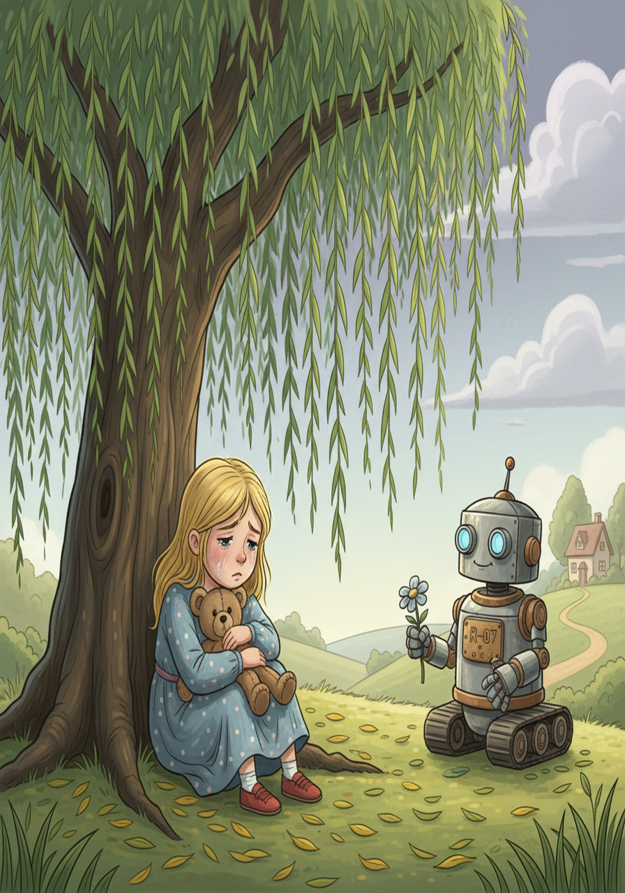 A lonely child, Lily, sat beneath a weeping willow, her face etched with sadness. She clutched a worn teddy bear, lost in thought. R-07, drawn by an unknown pull, slowly approached.