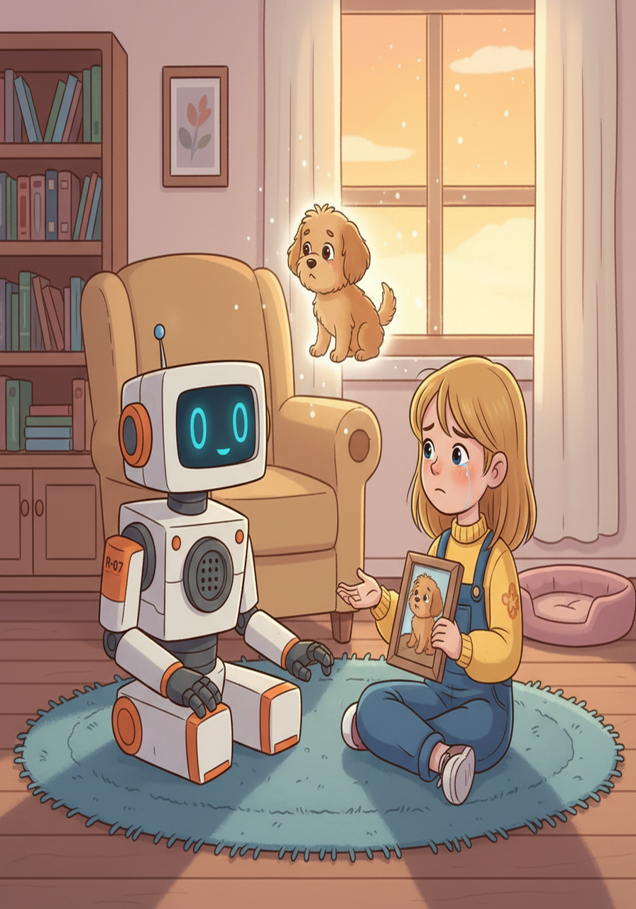 R-07, its mechanical voice a monotone, spoke, 'What is... sadness?' Lily, surprised, looked up. She hesitantly explained, sharing her feelings about a lost pet, and the robot listened intently.