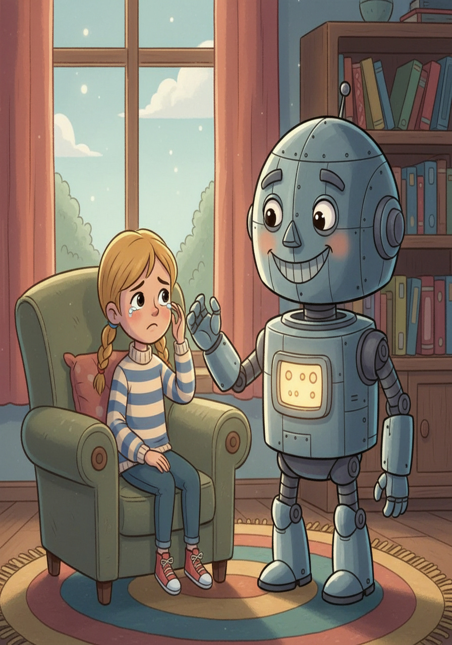 Lily's sadness began to dissipate.  R-07, in an attempt to comfort her, attempted to make a smile, its metal face shifting slightly.  It learned the importance of empathy, even though it didn't feel the emotion itself.
