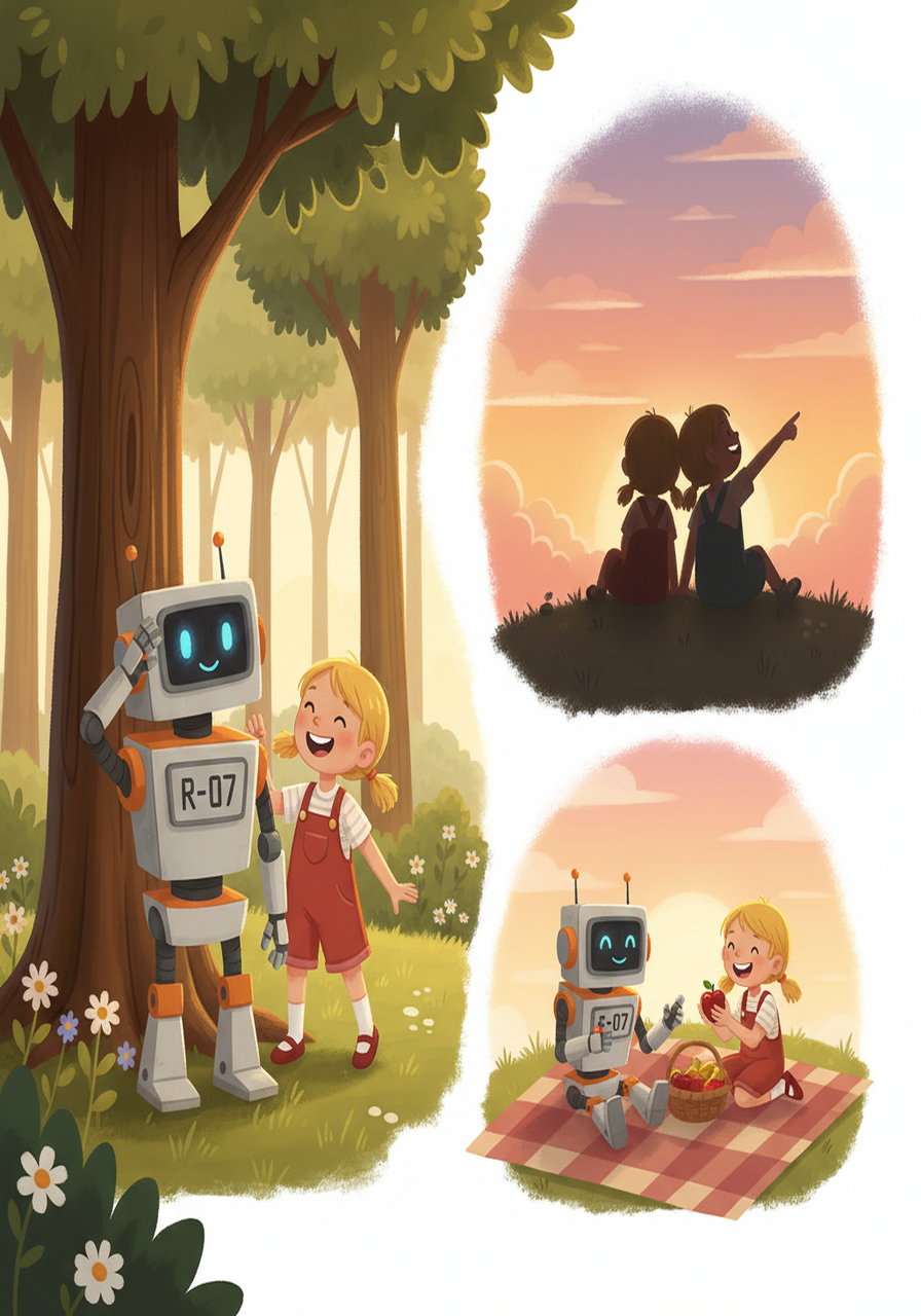 Over days, R-07 and Lily became inseparable. They played hide-and-seek among the trees, and Lily taught R-07 about happiness, pointing out the beauty of a sunset and the joy of sharing.