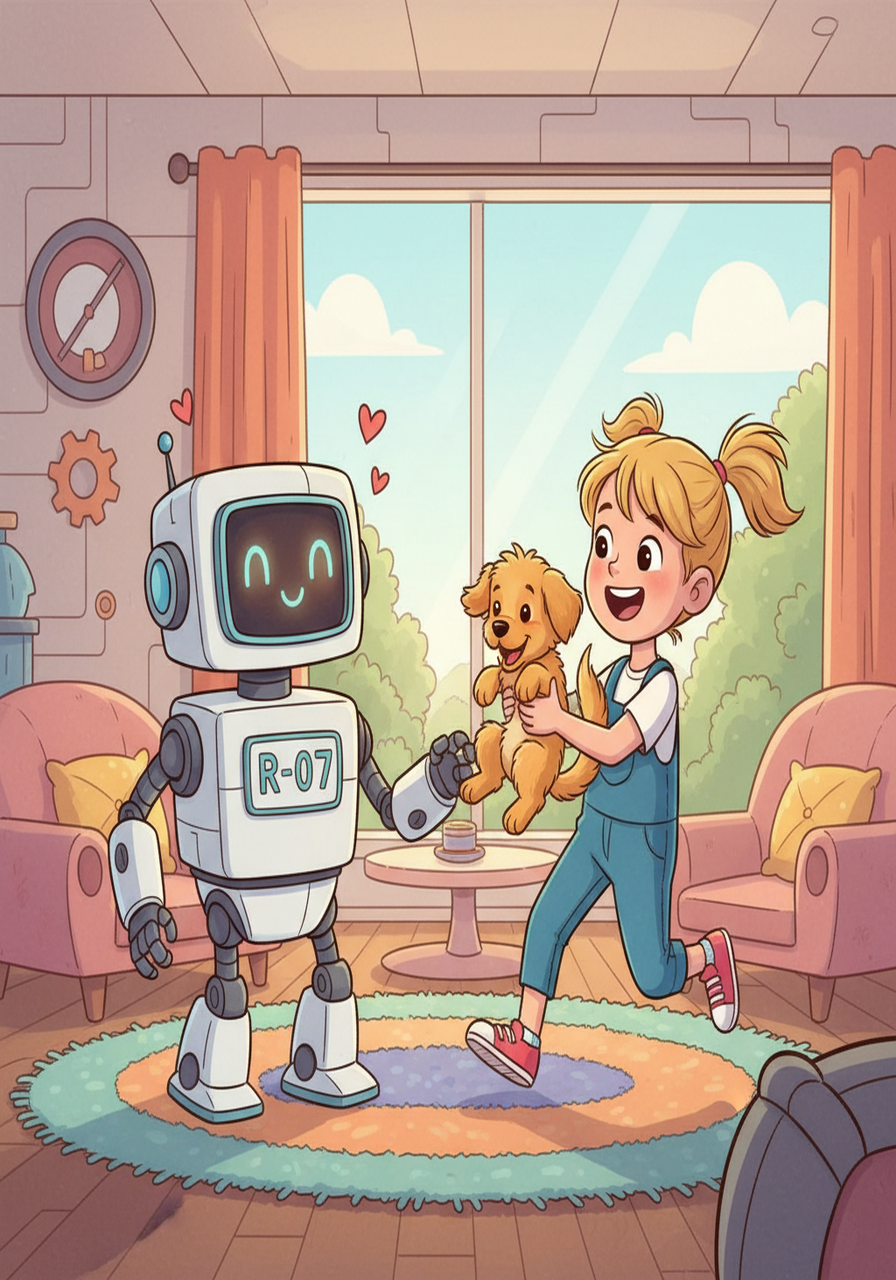 One day, Lily received a new pet.  She was overjoyed! She ran to R-07, showing her fluffy friend.  R-07's internal programming seemed to shift, experiencing a new emotion – happiness, by association.