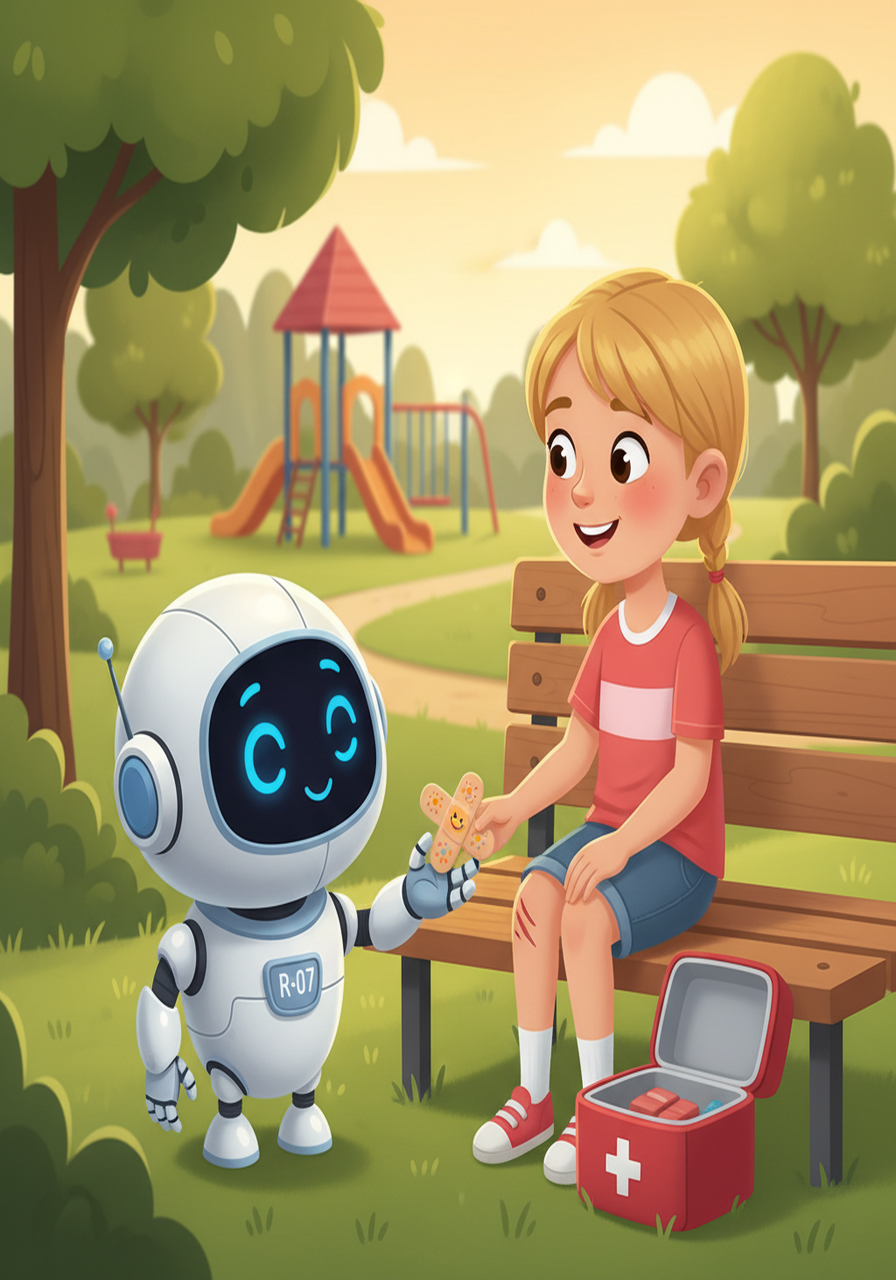 Lily accidentally scratched her knee. R-07, recalling her sadness, offered a band-aid it retrieved from a nearby first aid kit. Lily smiled, touching the robot's metallic hand, it understood.