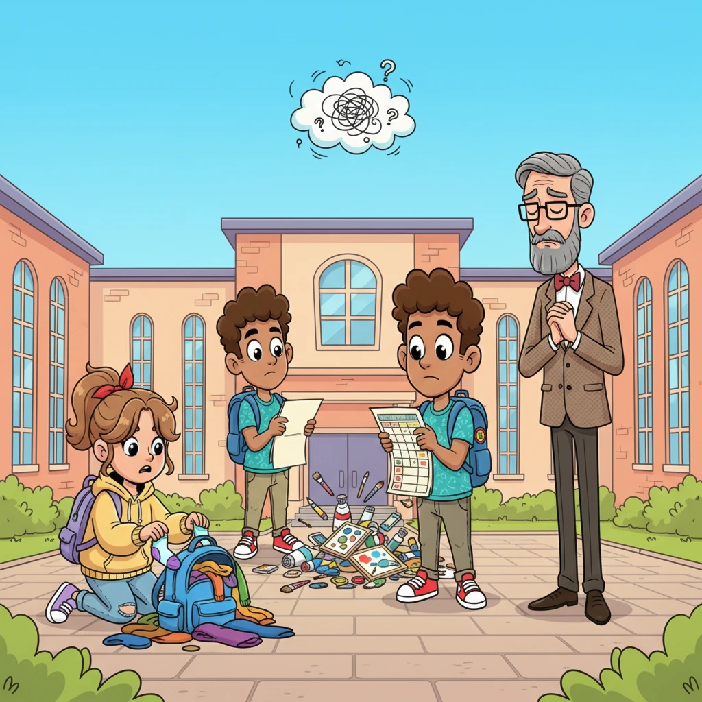 Outside, a whirlwind of activity unfolded. One student searched frantically for a lost sock, another looked puzzled at their timetable, and a third nearly tripped over a pile of forgotten art supplies. A little cloud of confusion seemed to hover over the school. Professor Pip sighed, wishing he could help them all stay perfectly organized.