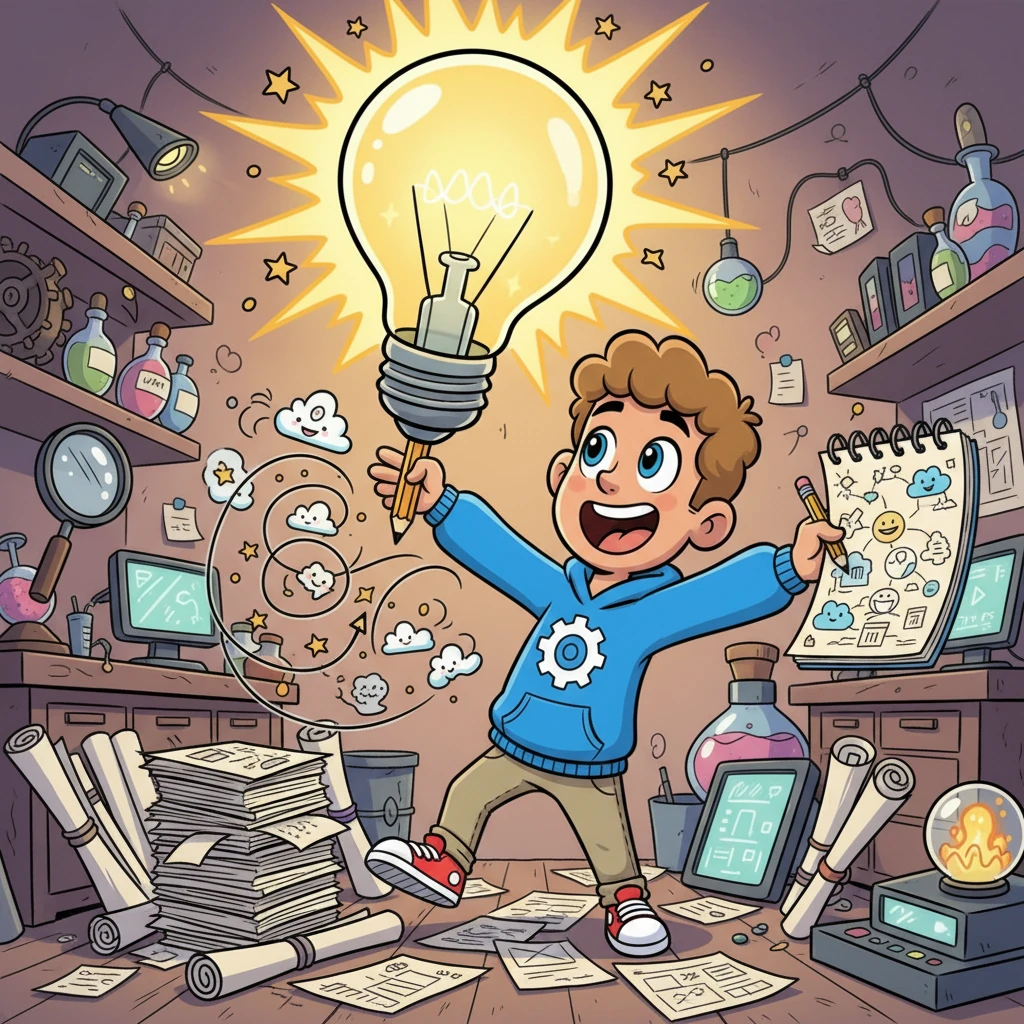 Suddenly, a giant, cartoonish lightbulb flared brightly above Pip’s head! "Eureka!" he exclaimed, nearly tumbling over a stack of blueprints. He envisioned a friendly, clever system that could help every student remember their tasks and find their way. His pencil zoomed across a notepad, sketching wild and wonderful ideas.