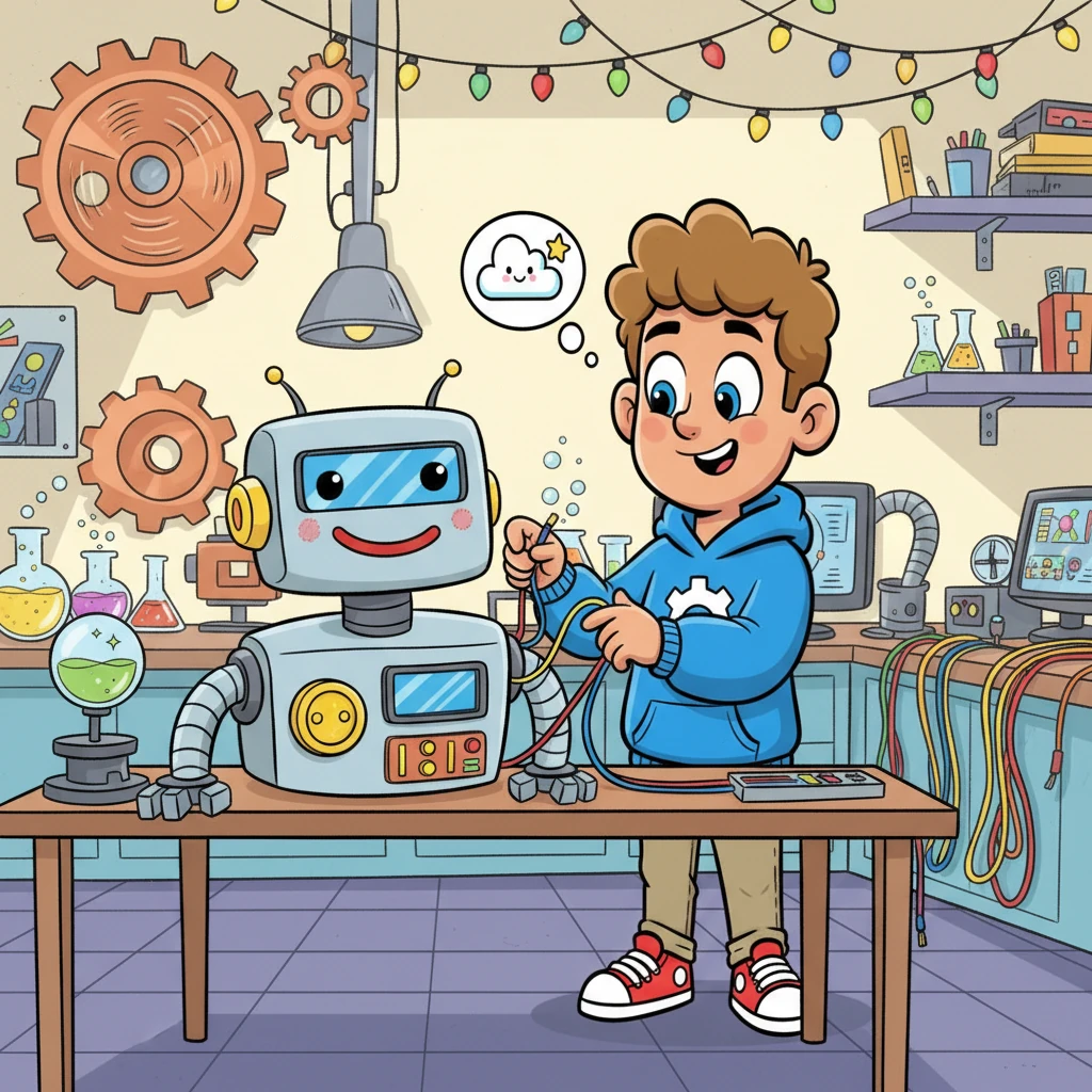 Back in his lab, Pip worked tirelessly, surrounded by whirring gears, blinking lights, and rainbow-colored wires. He carefully connected cheerful buttons and sparkling screens, humming a happy tune. Piece by piece, "The Brainy Buddy System" began to take shape, looking like a friendly robot with a big, welcoming smile.