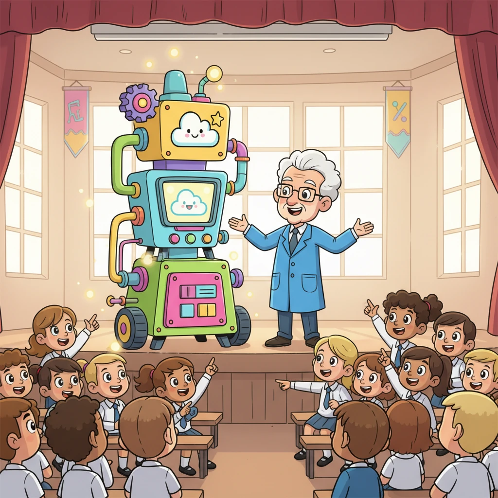 Finally, the grand day arrived! Professor Pip proudly presented the fully polished Brainy Buddy System to the entire school assembly. It was a magnificent, multi-colored contraption, glowing softly and invitingly. Its friendly screen displayed a cheerful "Hello, Students!" message, making everyone gasp with delight.