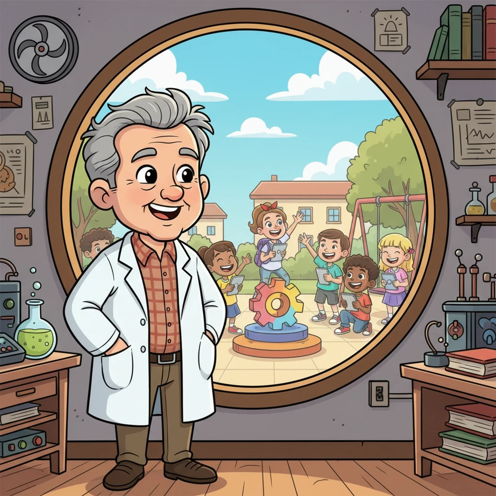 Professor Pip watched the bustling, happy school from his lab window, a warm smile spreading across his face. His heart swelled with pride as he saw students thriving, all thanks to his Brainy Buddy System. He knew he had truly made a difference, one organized smile at a time.